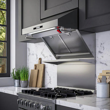 Forno Savona 30-Inch Wall-Mounted Range Hood with Backsplash, Shelf, and Red Warming Light – Model FRHWM5029-30HB