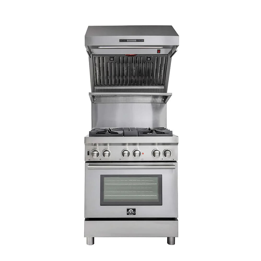Forno Savona 30-Inch Wall-Mounted Range Hood with Backsplash, Shelf, and Red Warming Light – Model FRHWM5029-30HB