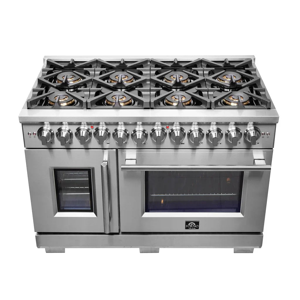 Forno Capriasca 48-Inch Freestanding Dual Fuel Range with Gas Cooktop, Double Electric Oven, 6.58 cu. ft., Left-Swing Door, Stainless Steel (FFSGS6387-48)