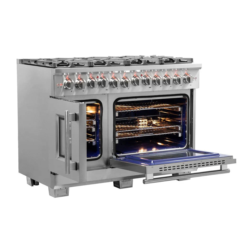 Forno Capriasca 48-Inch Freestanding Dual Fuel Range with Gas Cooktop, Double Electric Oven, 6.58 cu. ft., Left-Swing Door, Stainless Steel (FFSGS6387-48)