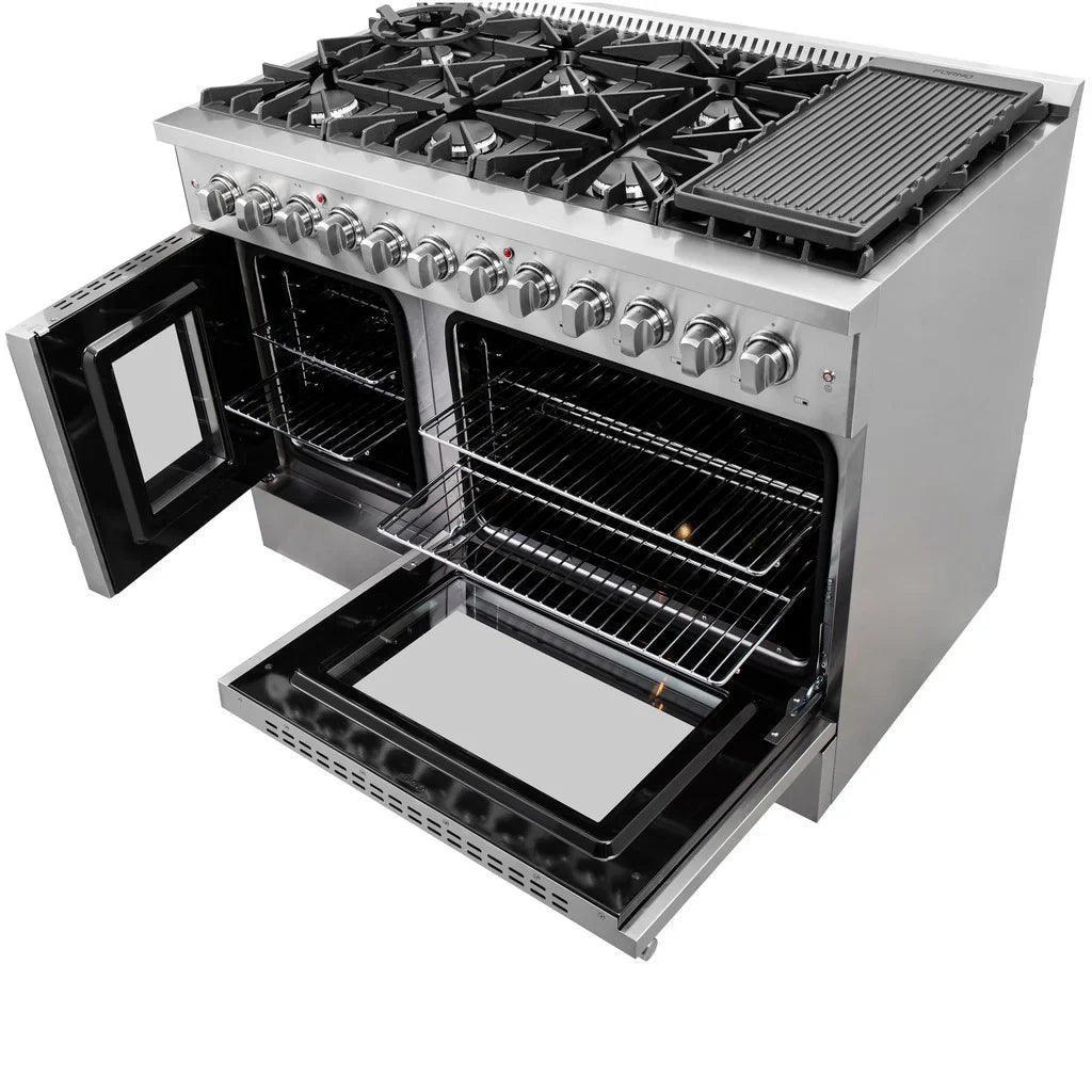 Forno Galiano 48-Inch Freestanding Dual Fuel Range with Gas Cooktop, Double Electric Oven, 6.58 cu. ft., Left Swing Door, Stainless Steel (FFSGS6356-48)