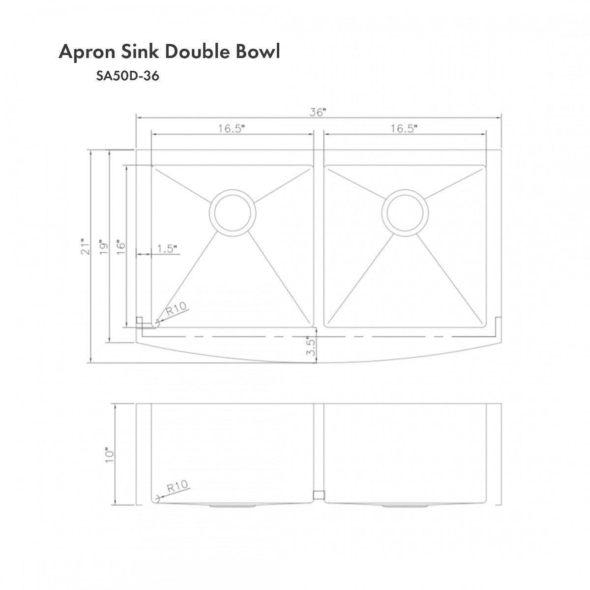 ZLINE 36 in. Niseko Farmhouse Apron Mount Double Bowl Stainless Steel Kitchen Sink with Bottom Grid, SA50D-36