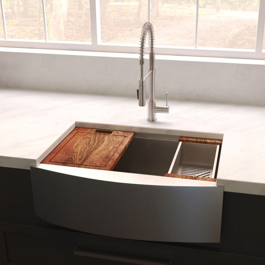 ZLINE 33" Moritz Farmhouse Apron Mount Single Bowl Satin Stainless Steel Kitchen Sink with Bottom Grid and Accessories, SLSAP-33S