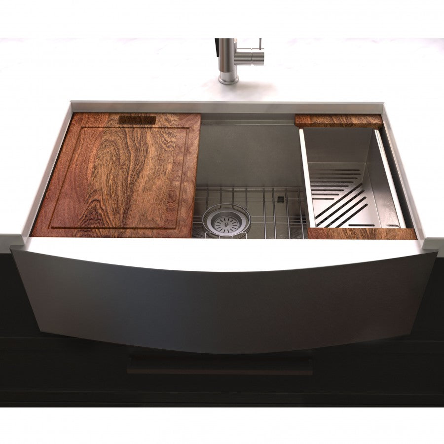 ZLINE 33" Moritz Farmhouse Apron Mount Single Bowl Satin Stainless Steel Kitchen Sink with Bottom Grid and Accessories, SLSAP-33S