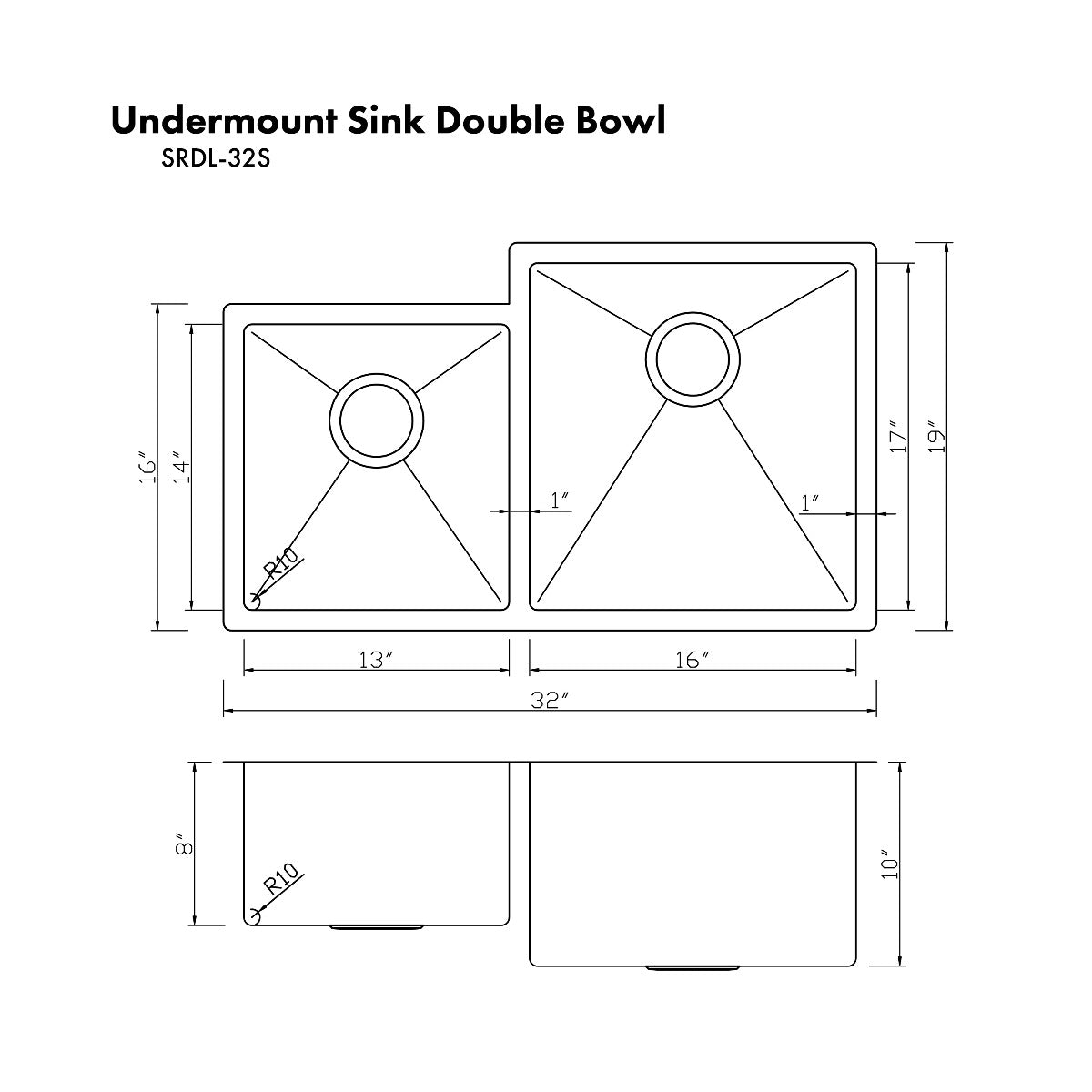 ZLINE 32" Jackson Undermount Double Bowl Satin Stainless Steel Kitchen Sink with Bottom Grid, SRDL-32S