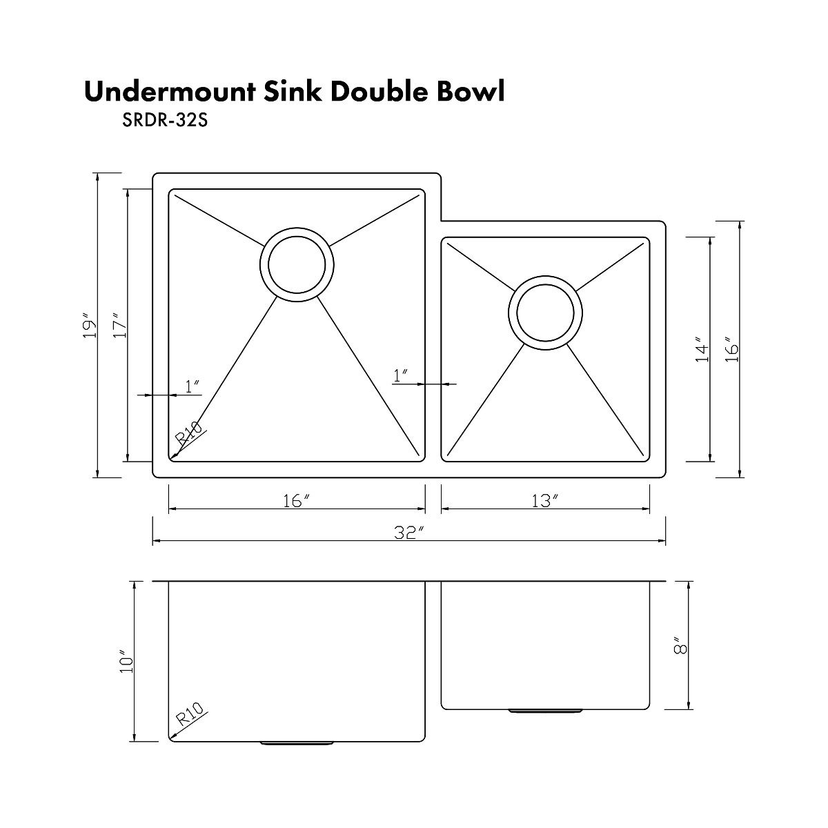 ZLINE 32" Jackson Undermount Double Bowl Satin Stainless Steel Kitchen Sink with Bottom Grid, SRDR-32S