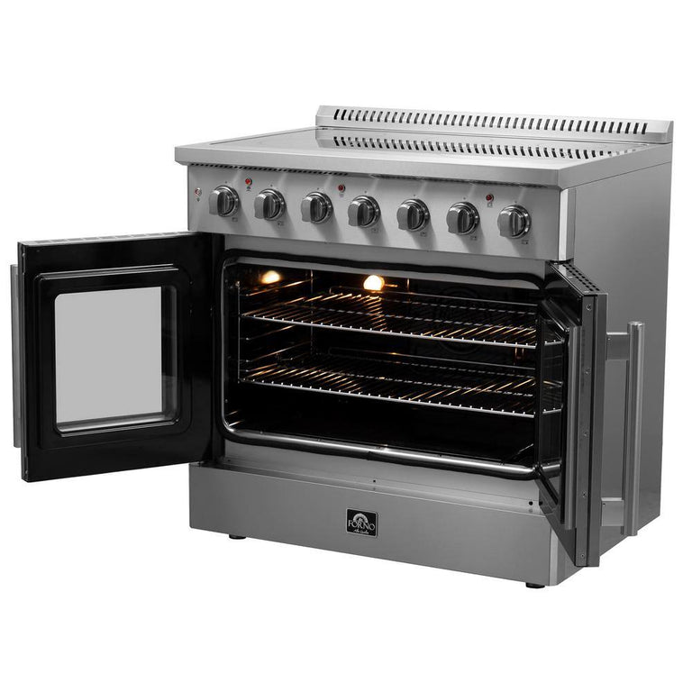 FORNO Package - 36" Electric French Door Range, Wall Mount Range Hood, Refrigerator, Dishwasher, Microwave and Wine Cooler, AP-FFSEL6917-36-6PK-1