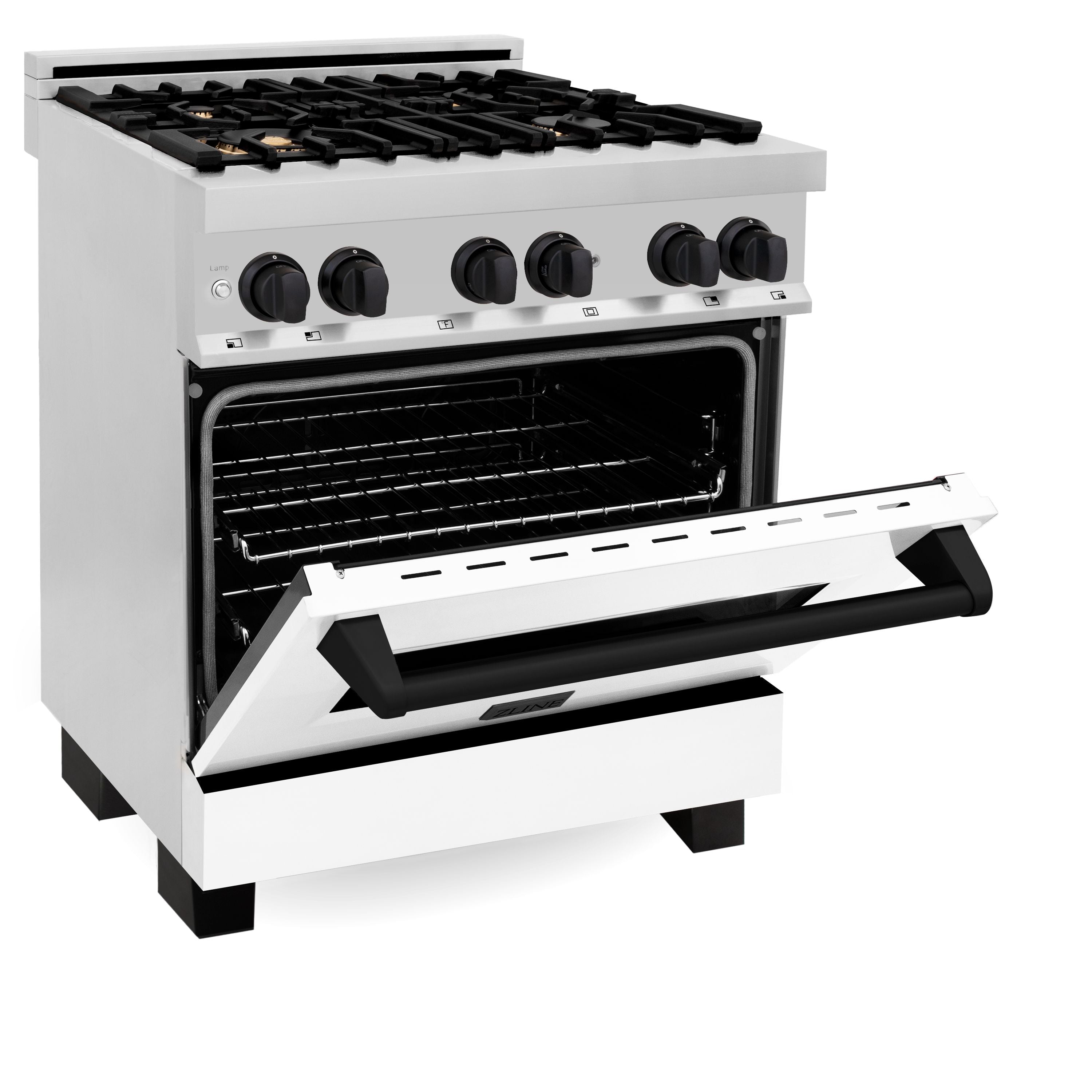 ZLINE Autograph 30 in. Dual Fuel Range 4.0 cu. ft. Gas Cooktop with Electric Convection Oven, White Matte Door and Black Matte Accents (RAZ-WM-30-MB)