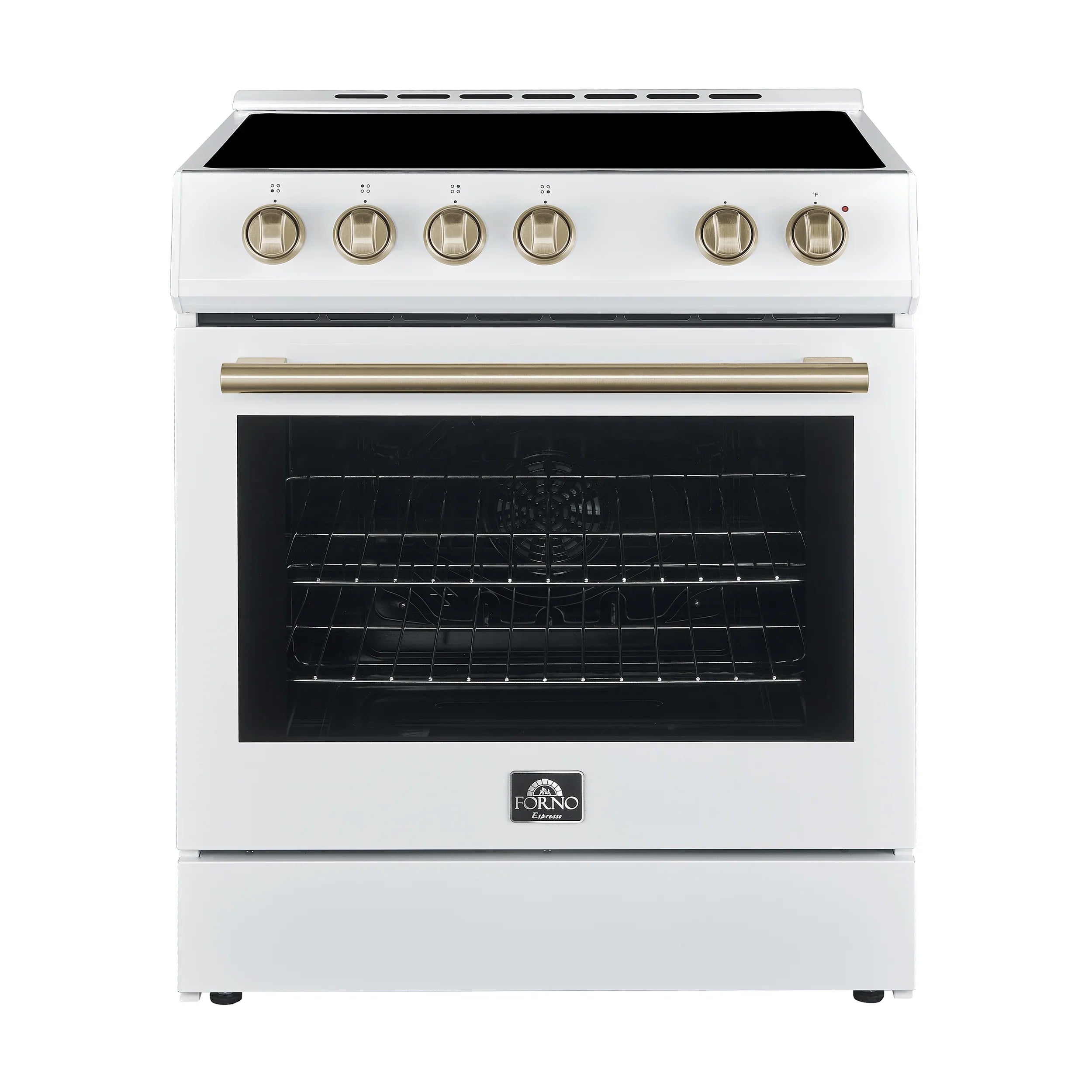 Forno Leonardo Espresso 30-Inch Electric Range, 5.0 cu. ft., White, Antique Brass Handles (Model FFSEL6012-30WHT)