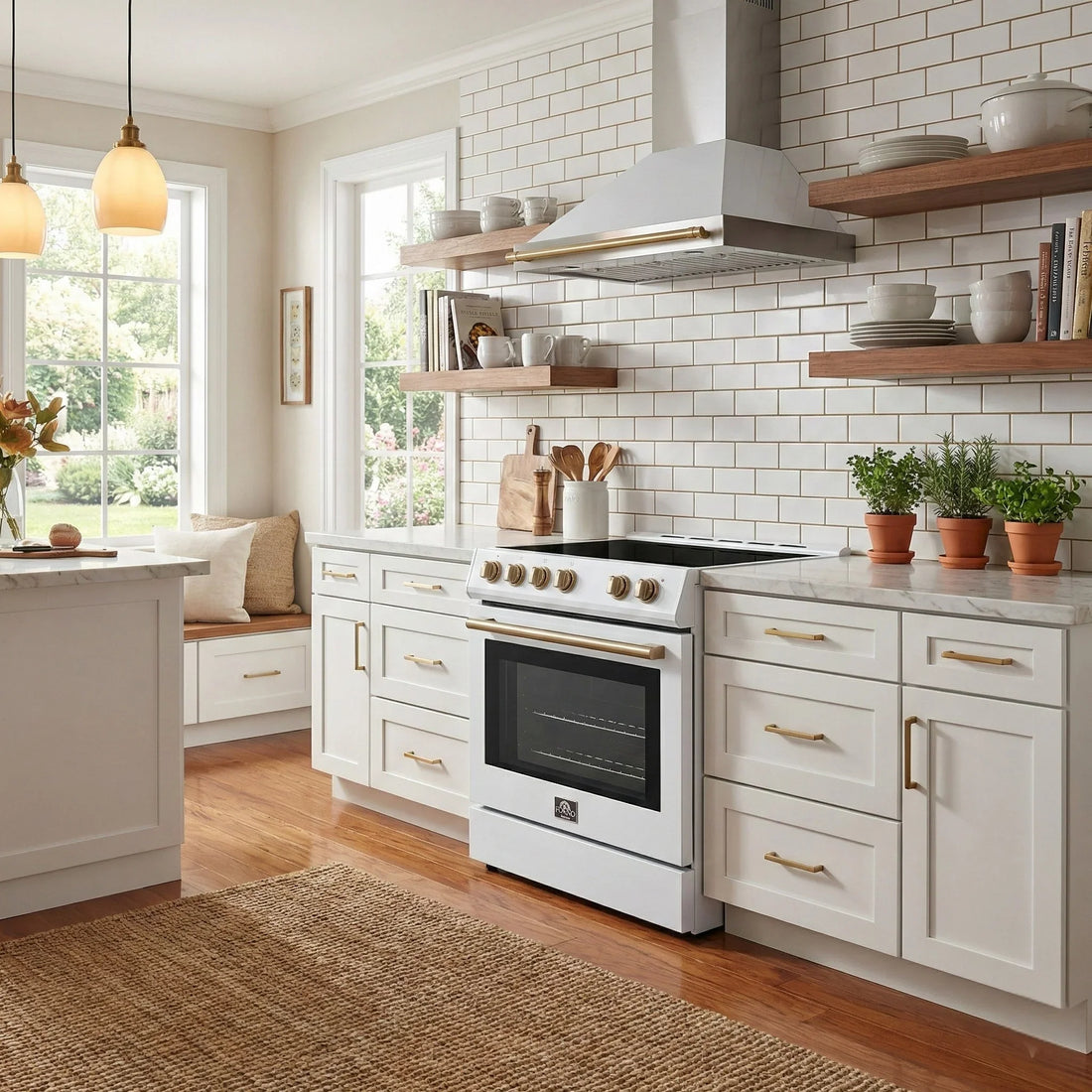 Forno Leonardo Espresso 30-Inch Electric Range, 5.0 cu. ft., White, Antique Brass Handles (Model FFSEL6012-30WHT)