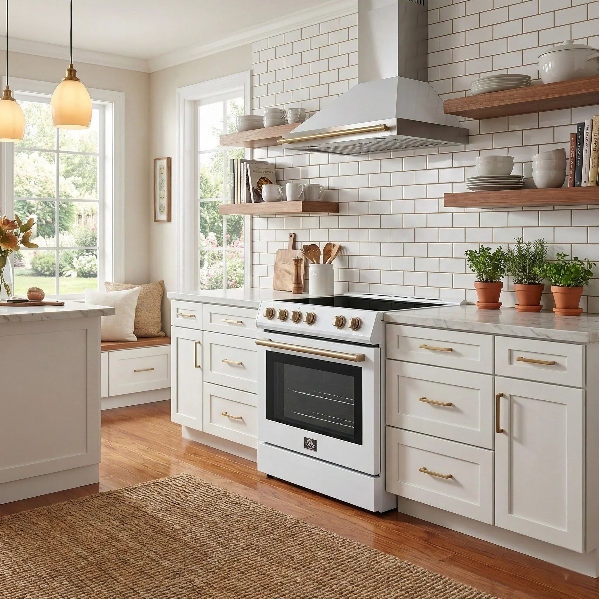 Forno Leonardo Espresso 30-Inch Electric Range, 5.0 cu. ft., White, Antique Brass Handles (Model FFSEL6012-30WHT)