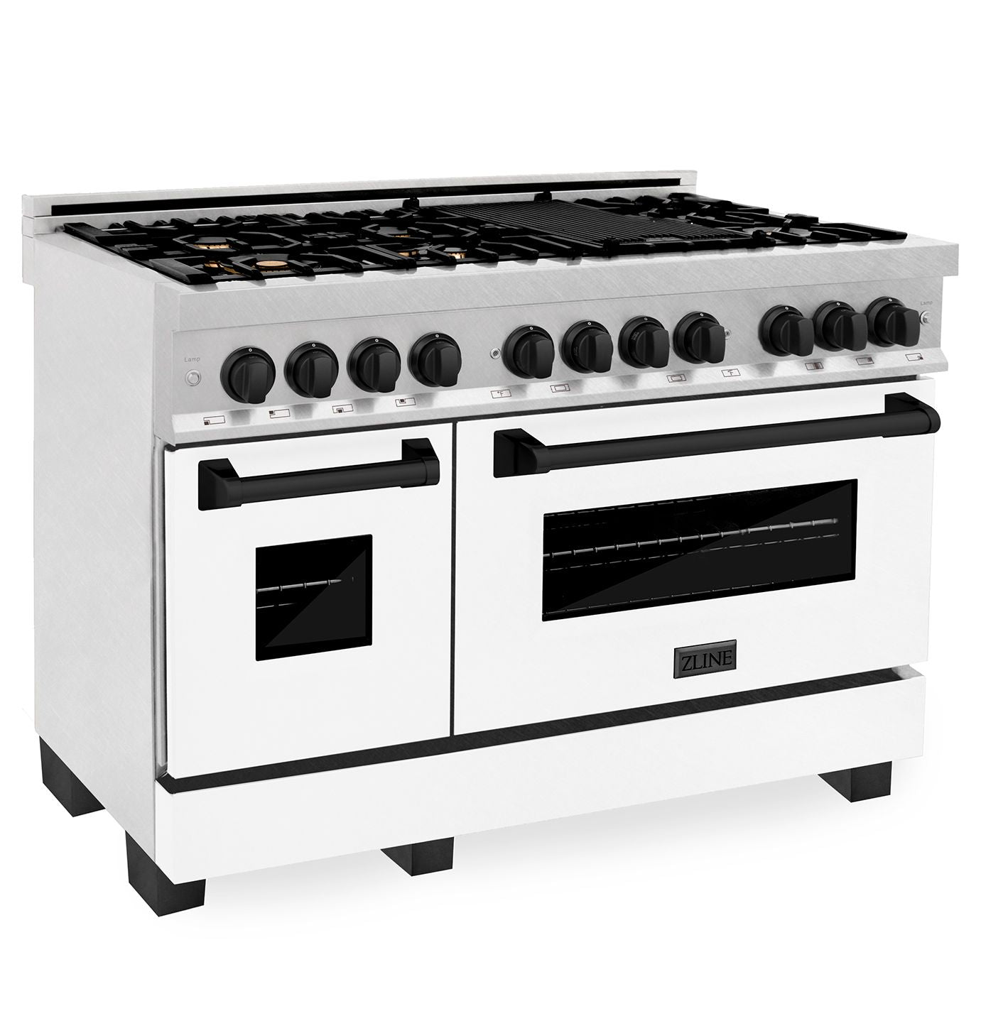 ZLINE Autograph 48 in. 6.0 cu. ft. Legacy Dual Fuel Range with 7 Gas Burners and Double Electric Ovens in Satin Stainless Steel with White Matte Doors and Matte Black Accents (RASZ-WM-48-MB)