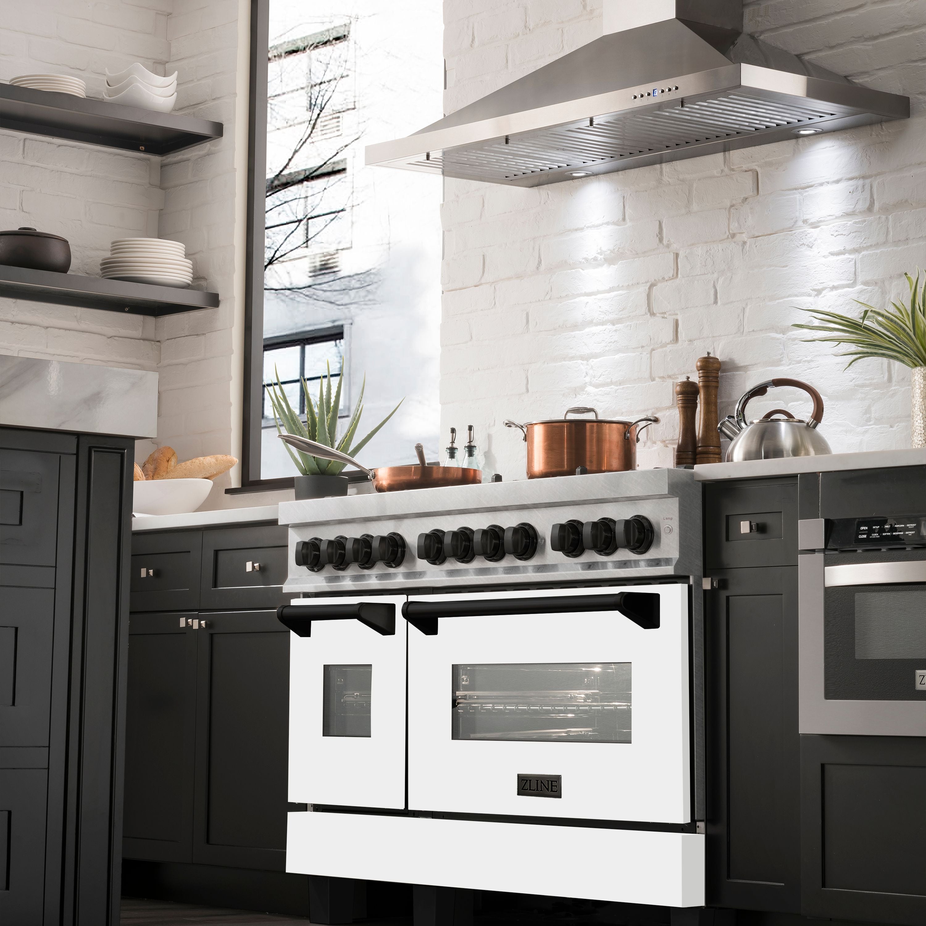 ZLINE Autograph 48 in. 6.0 cu. ft. Legacy Dual Fuel Range with 7 Gas Burners and Double Electric Ovens in Satin Stainless Steel with White Matte Doors and Matte Black Accents (RASZ-WM-48-MB)