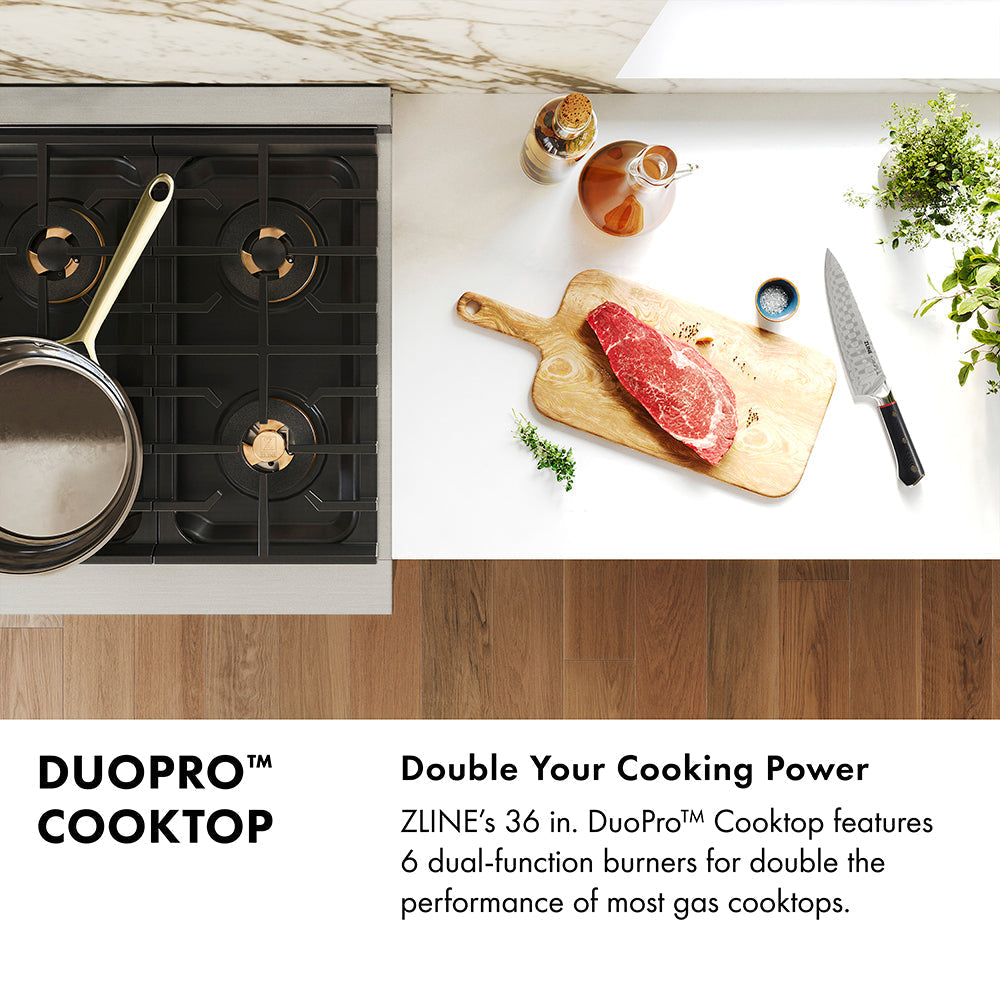 ZLINE Autograph 36" Classic Gas Rangetop with 6 Burner DuoPro™ Cooktop in Satin Stainless Steel and Matte Black Accents, PCRTSZ-36-MB