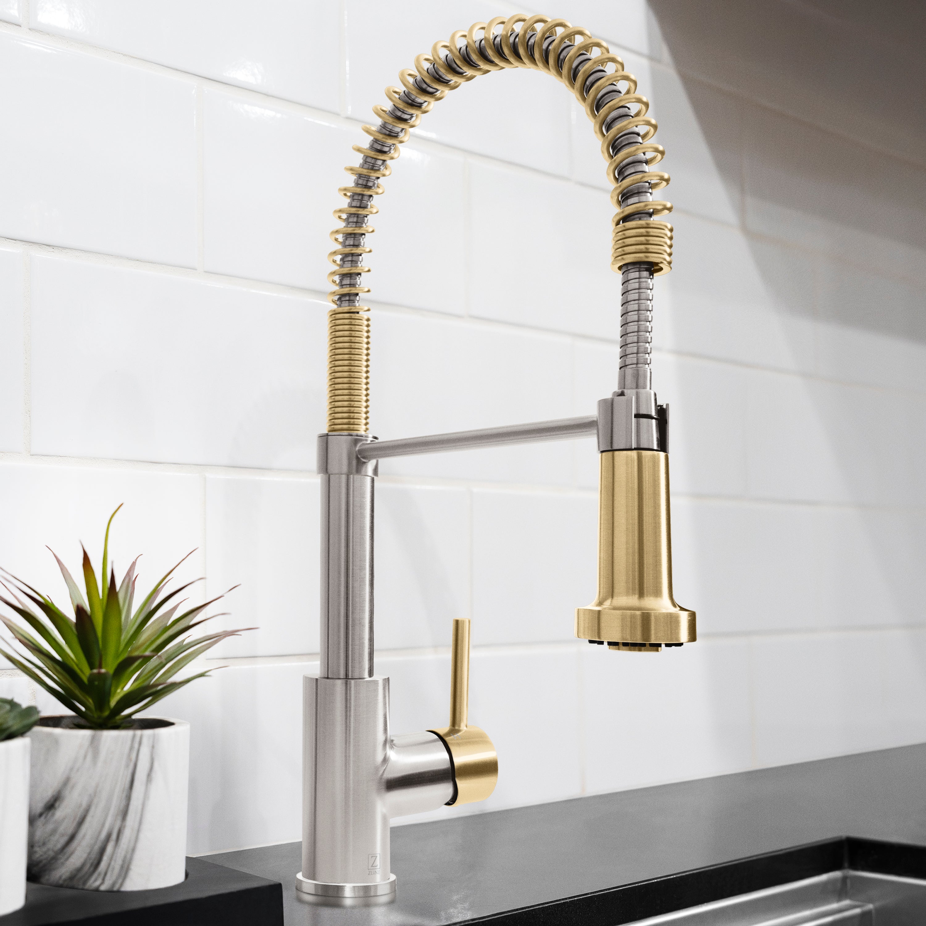 ZLINE Autograph Apollo Pull Down Spring Single Handle Kitchen Faucet in Brushed Nickel and Champagne Bronze, APL-KF-ZBNCB