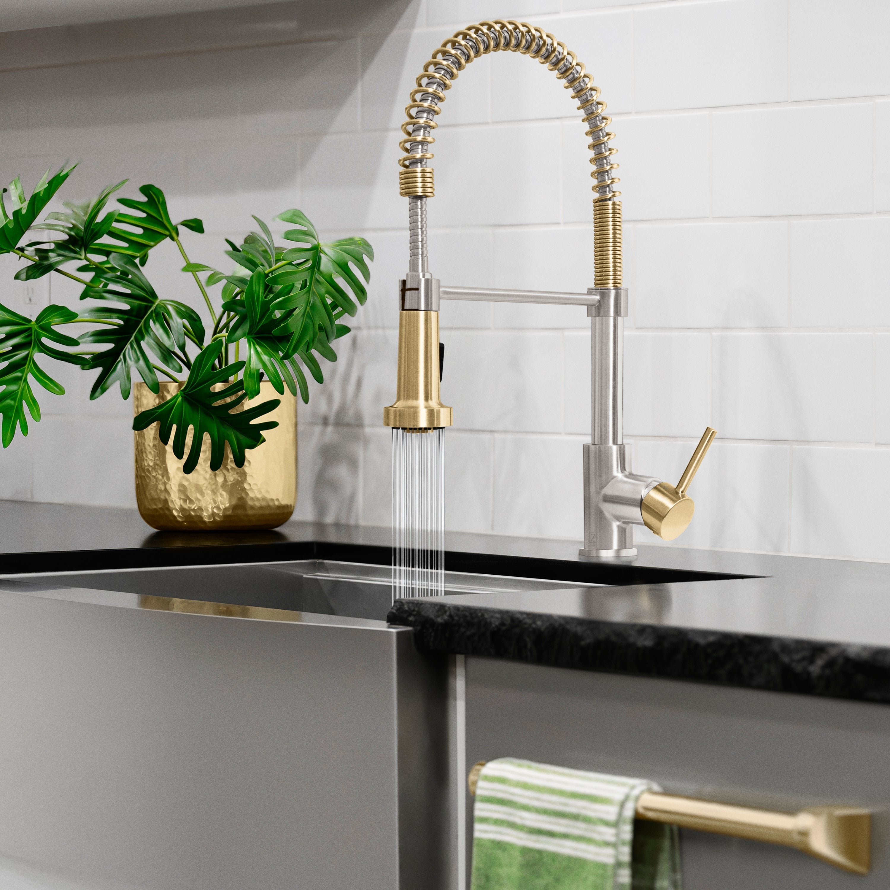 ZLINE Autograph Apollo Pull Down Spring Single Handle Kitchen Faucet in Brushed Nickel and Champagne Bronze, APL-KF-ZBNCB