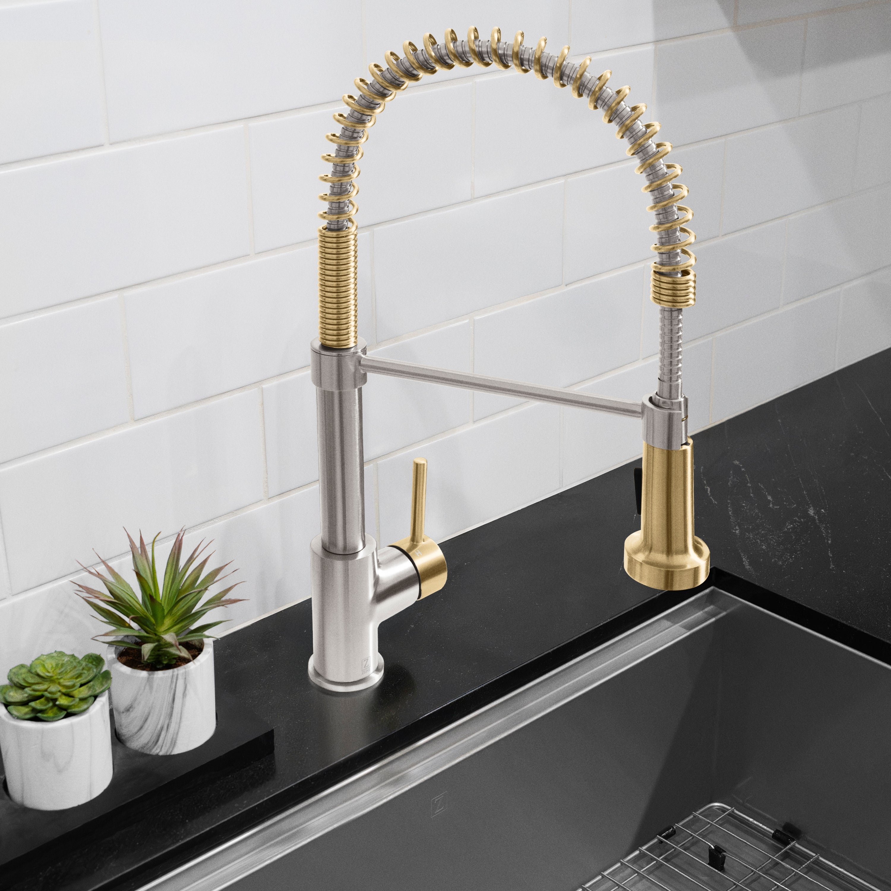 ZLINE Autograph Apollo Pull Down Spring Single Handle Kitchen Faucet in Brushed Nickel and Champagne Bronze, APL-KF-ZBNCB