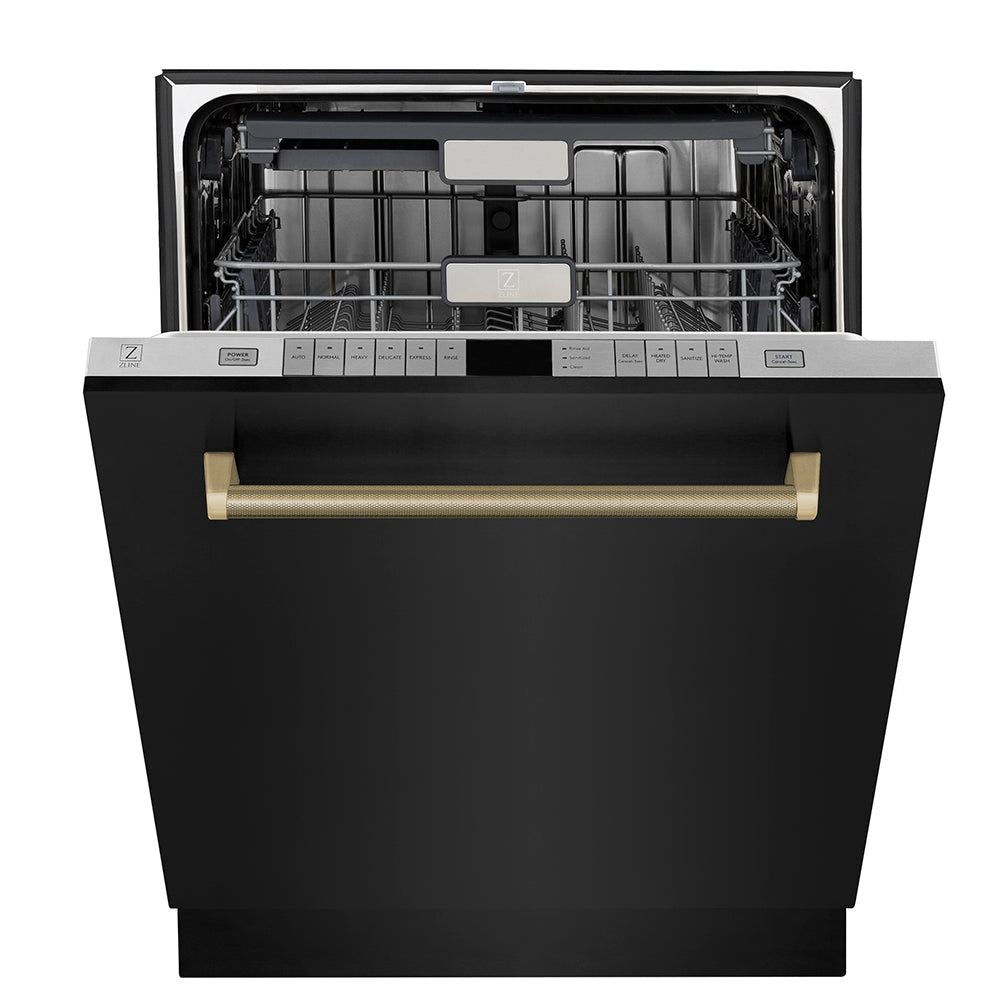 ZLINE Autograph 24-Inch Monument Series Tall Tub Dishwasher, 3rd Rack, Top Touch Controls, Black Stainless Steel, Champagne Bronze Helix Handle, 45 dBA, DWMTZ-BS-24-KCB