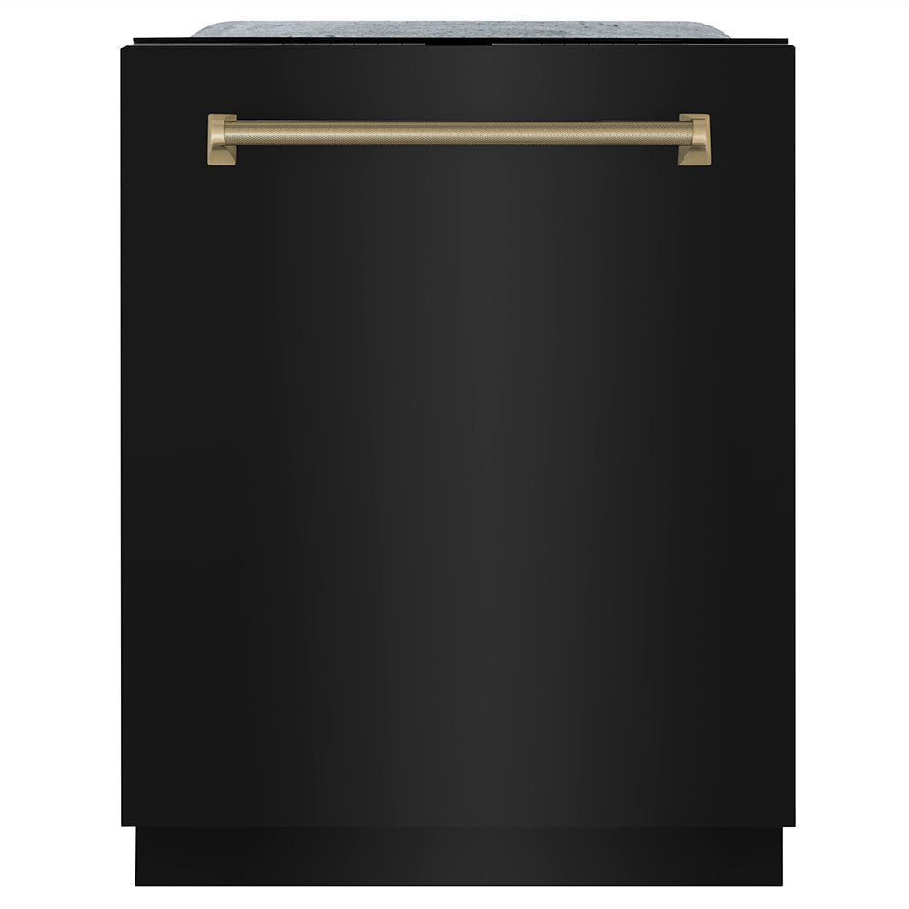 ZLINE Autograph 24-Inch Monument Series Tall Tub Dishwasher, 3rd Rack, Top Touch Controls, Black Stainless Steel, Champagne Bronze Helix Handle, 45 dBA, DWMTZ-BS-24-KCB