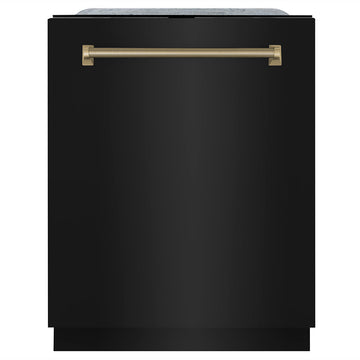 ZLINE Autograph 24-Inch Monument Series Tall Tub Dishwasher, 3rd Rack, Top Touch Controls, Black Stainless Steel, Champagne Bronze Helix Handle, 45 dBA, DWMTZ-BS-24-KCB