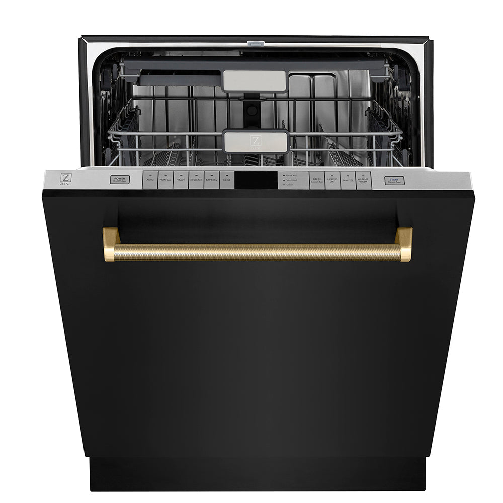 ZLINE Autograph Monument Series 24-Inch Tall Tub Dishwasher with 3rd Rack, Top Touch Controls, Black Stainless Steel, Polished Gold Helix Handle, 45 dBA, DWMTZ-BS-24-KG