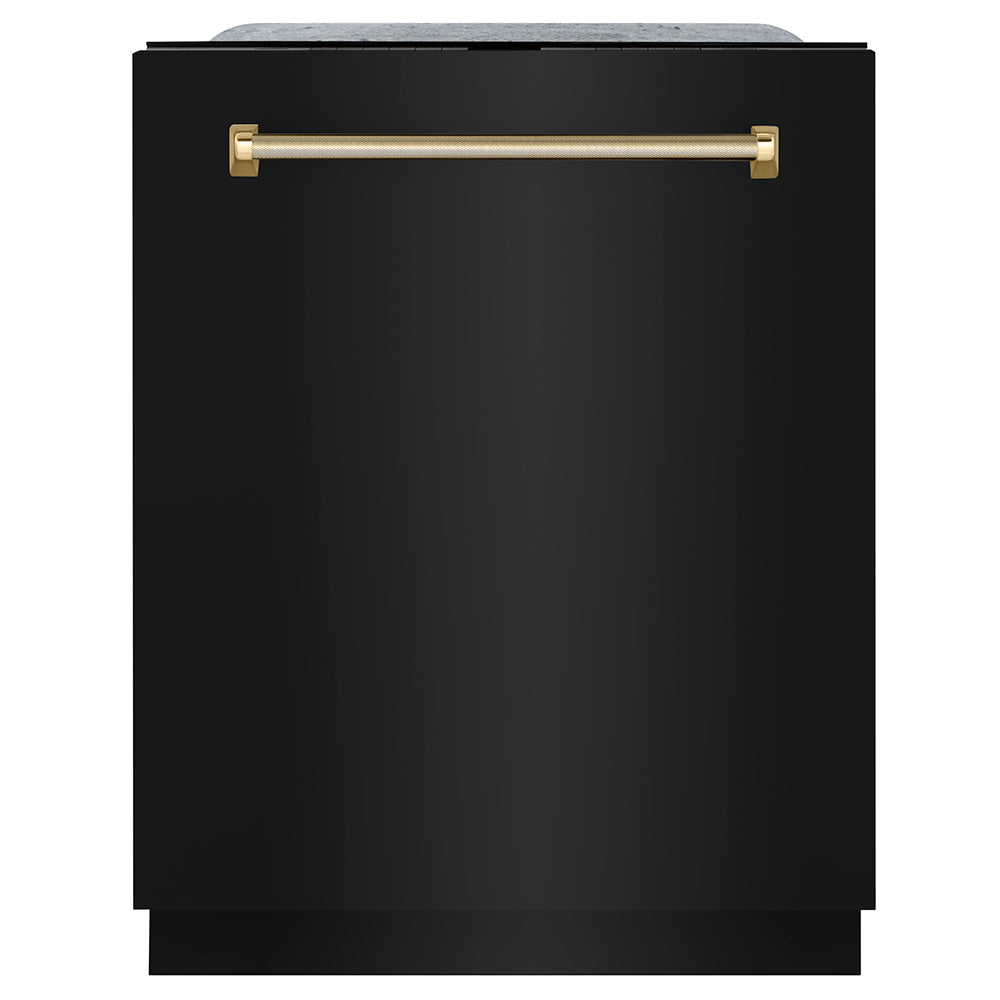 ZLINE Autograph Monument Series 24-Inch Tall Tub Dishwasher with 3rd Rack, Top Touch Controls, Black Stainless Steel, Polished Gold Helix Handle, 45 dBA, DWMTZ-BS-24-KG