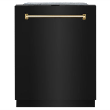 ZLINE Autograph Monument Series 24-Inch Tall Tub Dishwasher with 3rd Rack, Top Touch Controls, Black Stainless Steel, Polished Gold Helix Handle, 45 dBA, DWMTZ-BS-24-KG