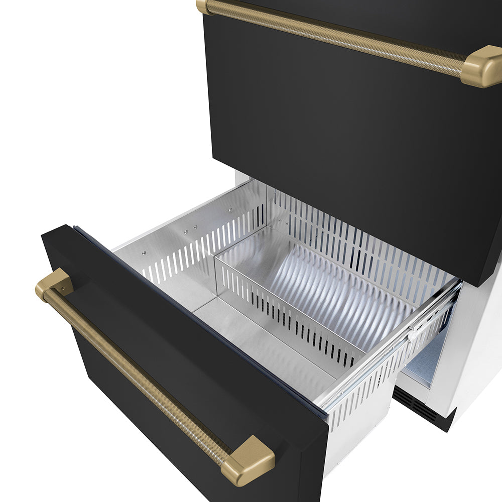 ZLINE 24 in. Refrigerator Drawer 4.6 Cu. Ft. Outdoor-Rated Dual Drawer Black Stainless Steel Champagne Bronze Handles (RDSOZ-BS-24-KCB)
