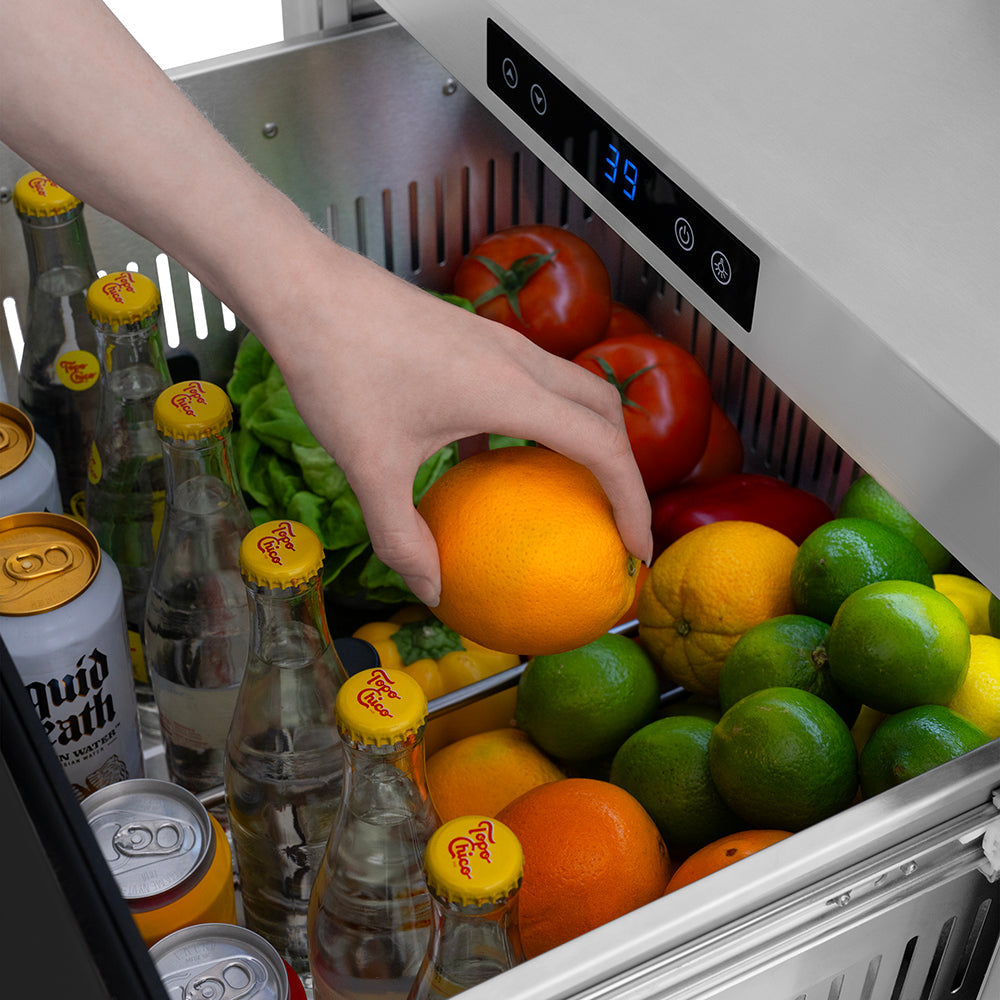 ZLINE 24 in. Refrigerator Drawer 4.6 Cu. Ft. Outdoor-Rated Dual Drawer Black Stainless Steel Champagne Bronze Handles (RDSOZ-BS-24-KCB)