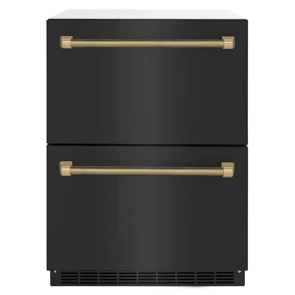 ZLINE 24 in. Refrigerator Drawer 4.6 Cu. Ft. Outdoor-Rated Dual Drawer Black Stainless Steel Champagne Bronze Handles (RDSOZ-BS-24-KCB)