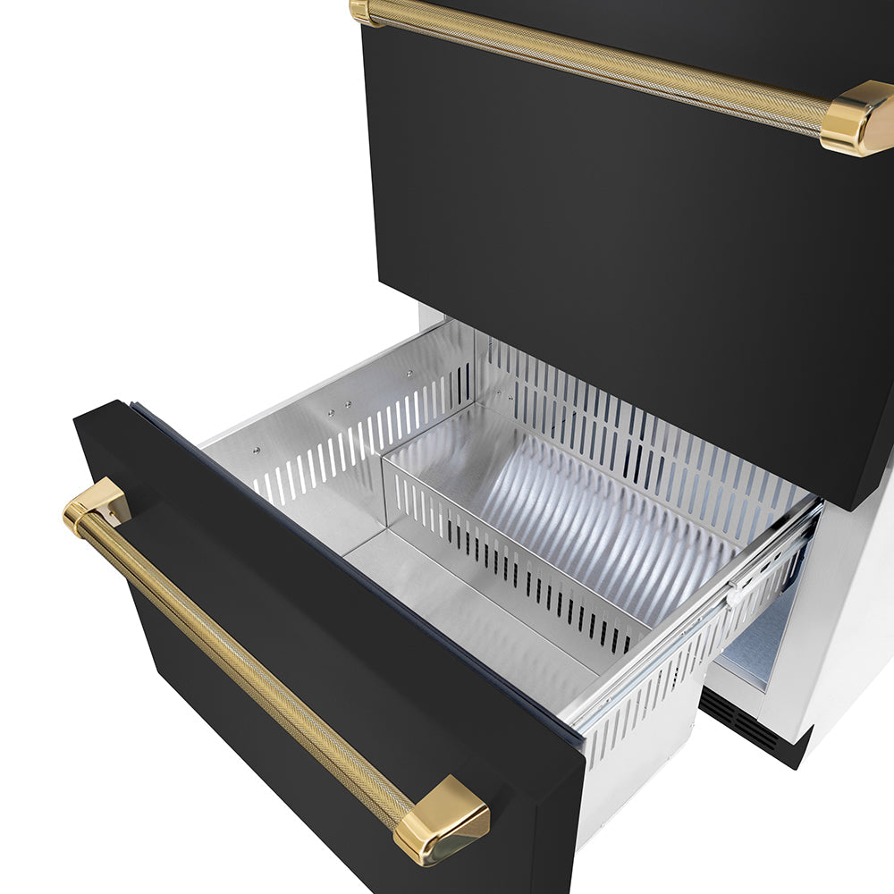 ZLINE 24 in. Dual Refrigerator Drawer 168 Can Capacity Outdoor-Rated Black Stainless Steel Doors Polished Gold Helix Handles (RDSOZ-BS-24-KG)