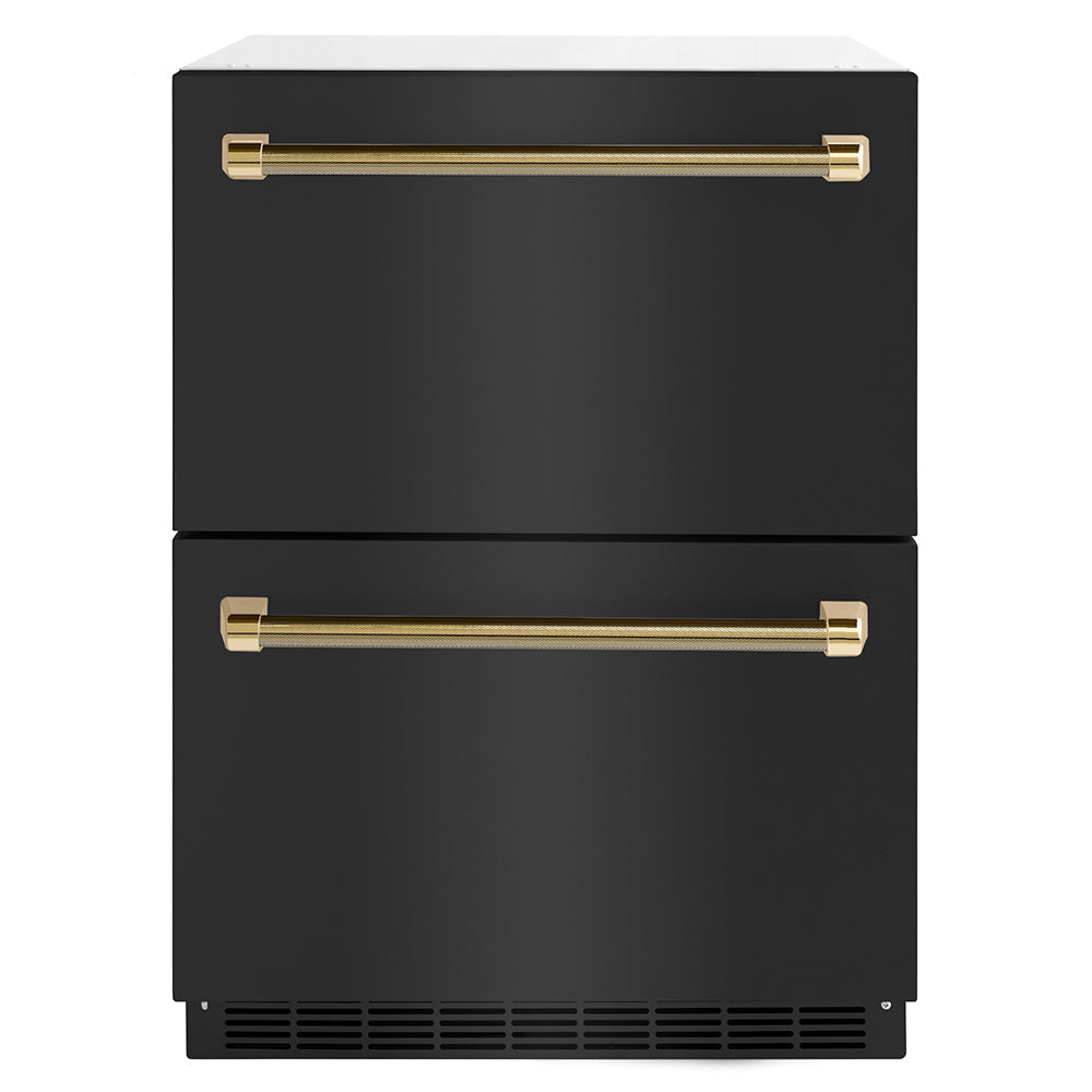 ZLINE 24 in. Dual Refrigerator Drawer 168 Can Capacity Outdoor-Rated Black Stainless Steel Doors Polished Gold Helix Handles (RDSOZ-BS-24-KG)