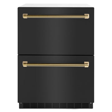 ZLINE 24 in. Dual Refrigerator Drawer 168 Can Capacity Outdoor-Rated Black Stainless Steel Doors Polished Gold Helix Handles (RDSOZ-BS-24-KG)