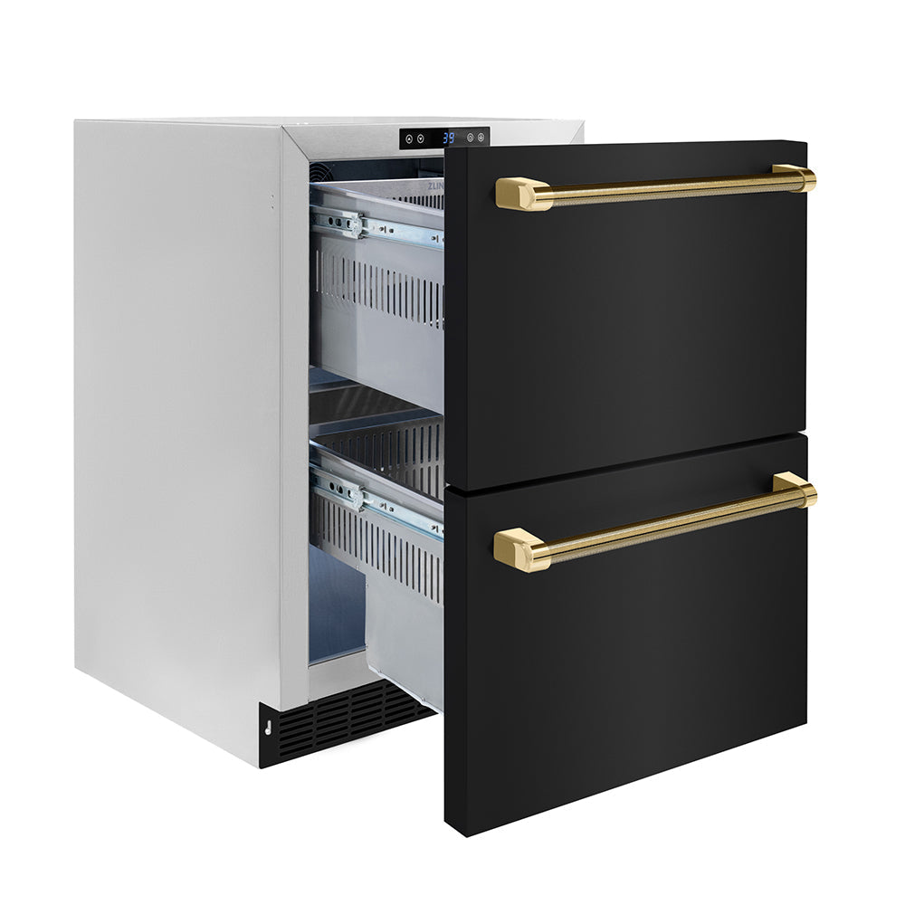 ZLINE 24 in. Dual Refrigerator Drawer 168 Can Capacity Outdoor-Rated Black Stainless Steel Doors Polished Gold Helix Handles (RDSOZ-BS-24-KG)
