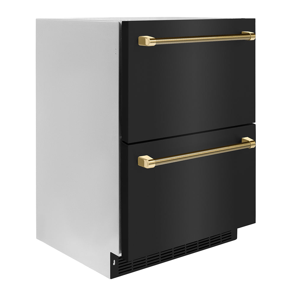 ZLINE 24 in. Dual Refrigerator Drawer 168 Can Capacity Outdoor-Rated Black Stainless Steel Doors Polished Gold Helix Handles (RDSOZ-BS-24-KG)
