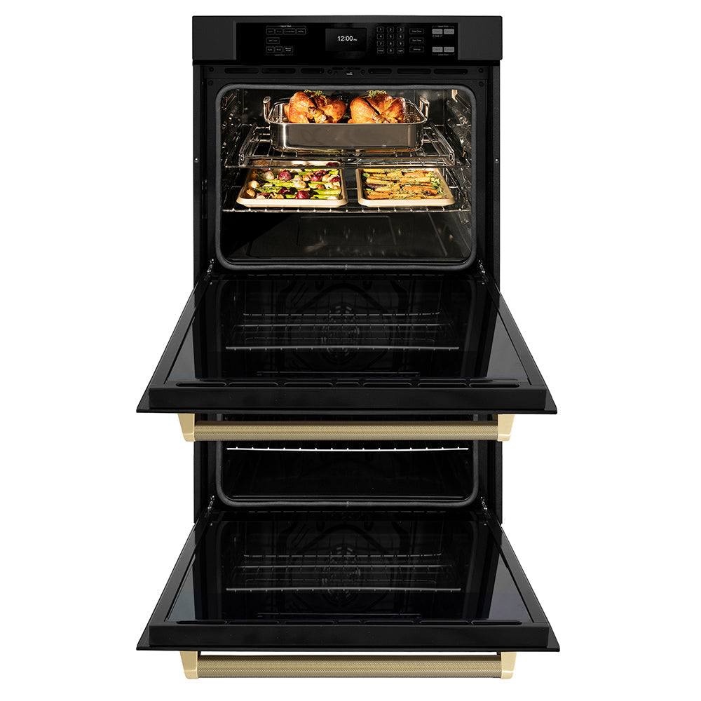 ZLINE Autograph 30" Professional True Convection Double Wall Oven with Air Fry and Self Clean in Black Stainless Steel with Champagne Bronze Helix Handles, WADBZ-30-KCB