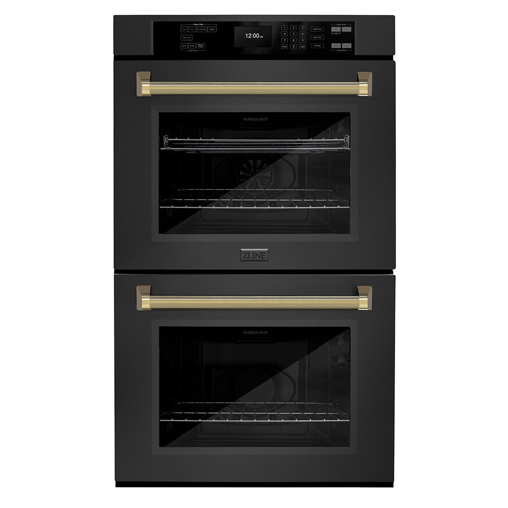ZLINE Autograph 30" Professional True Convection Double Wall Oven with Air Fry and Self Clean in Black Stainless Steel with Polished Gold Helix Handles, WADBZ-30-KG