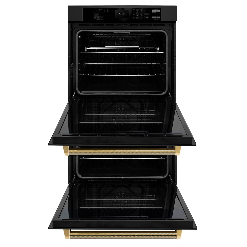 ZLINE Autograph 30" Professional True Convection Double Wall Oven with Air Fry and Self Clean in Black Stainless Steel with Polished Gold Helix Handles, WADBZ-30-KG