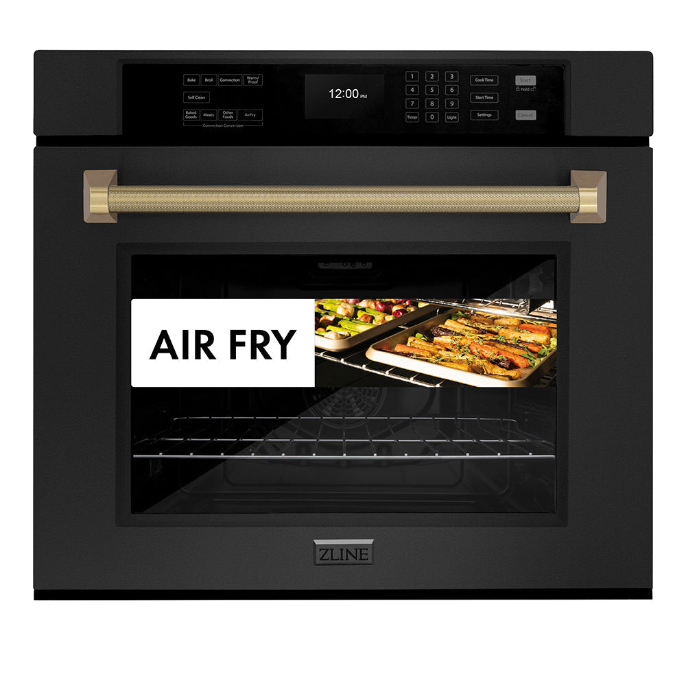 ZLINE Autograph 30" Professional True Convection Single Wall Oven with Air Fry and Self Clean in Black Stainless Steel with Champagne Bronze Helix Handle, WASBZ-30-KCB
