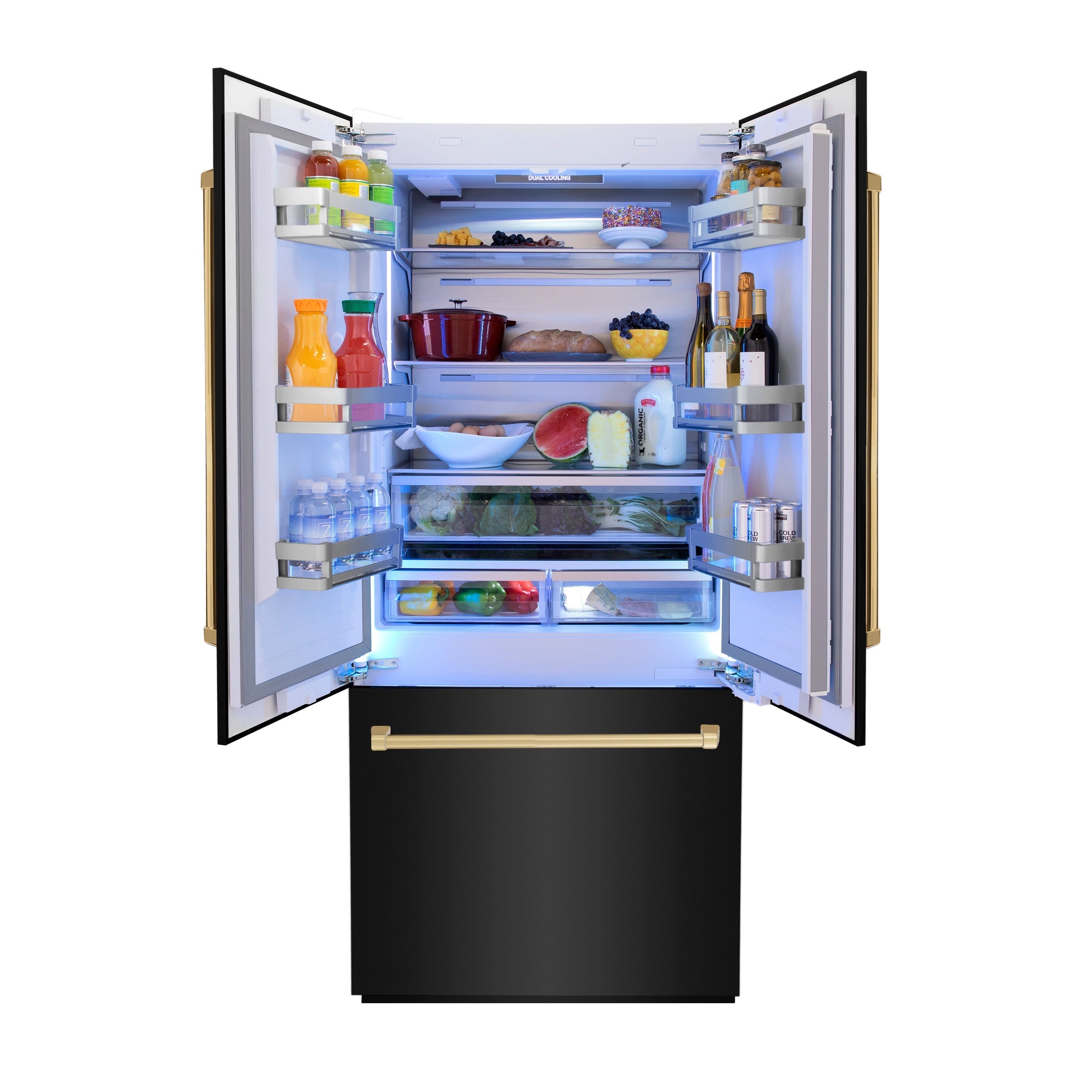 ZLINE 36 in. Built-In Refrigerator 19.6 cu. ft. Black Stainless Steel with Internal Water & Ice Dispenser Gold Accents (RBIVZ-BS-36-G)