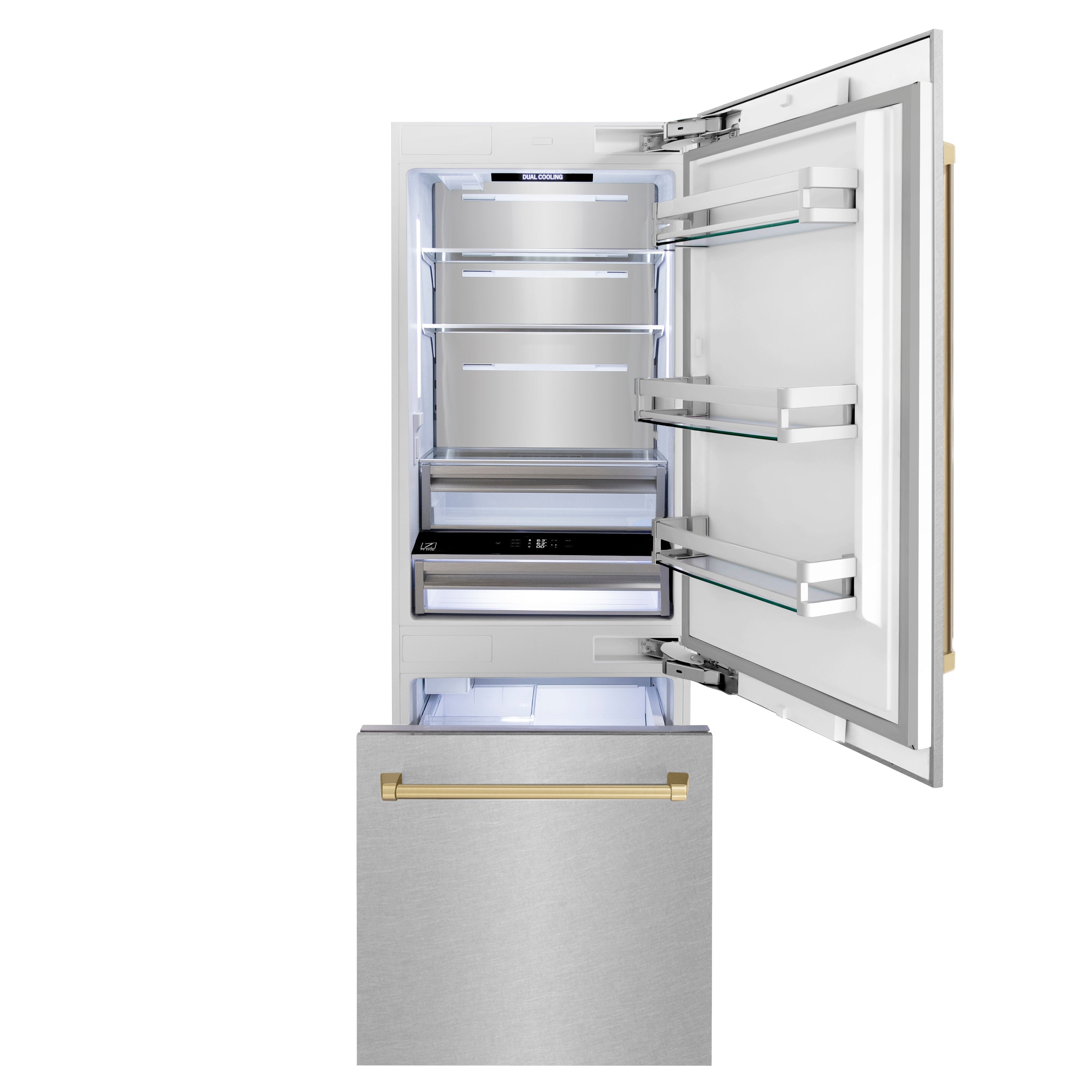 ZLINE 30-Inch Built-In Bottom Freezer Refrigerator 16.1 Cu. Ft. Water Dispenser Ice Maker Satin Stainless Steel Champagne Bronze Accents (RBIVZ-SN-30-CB)