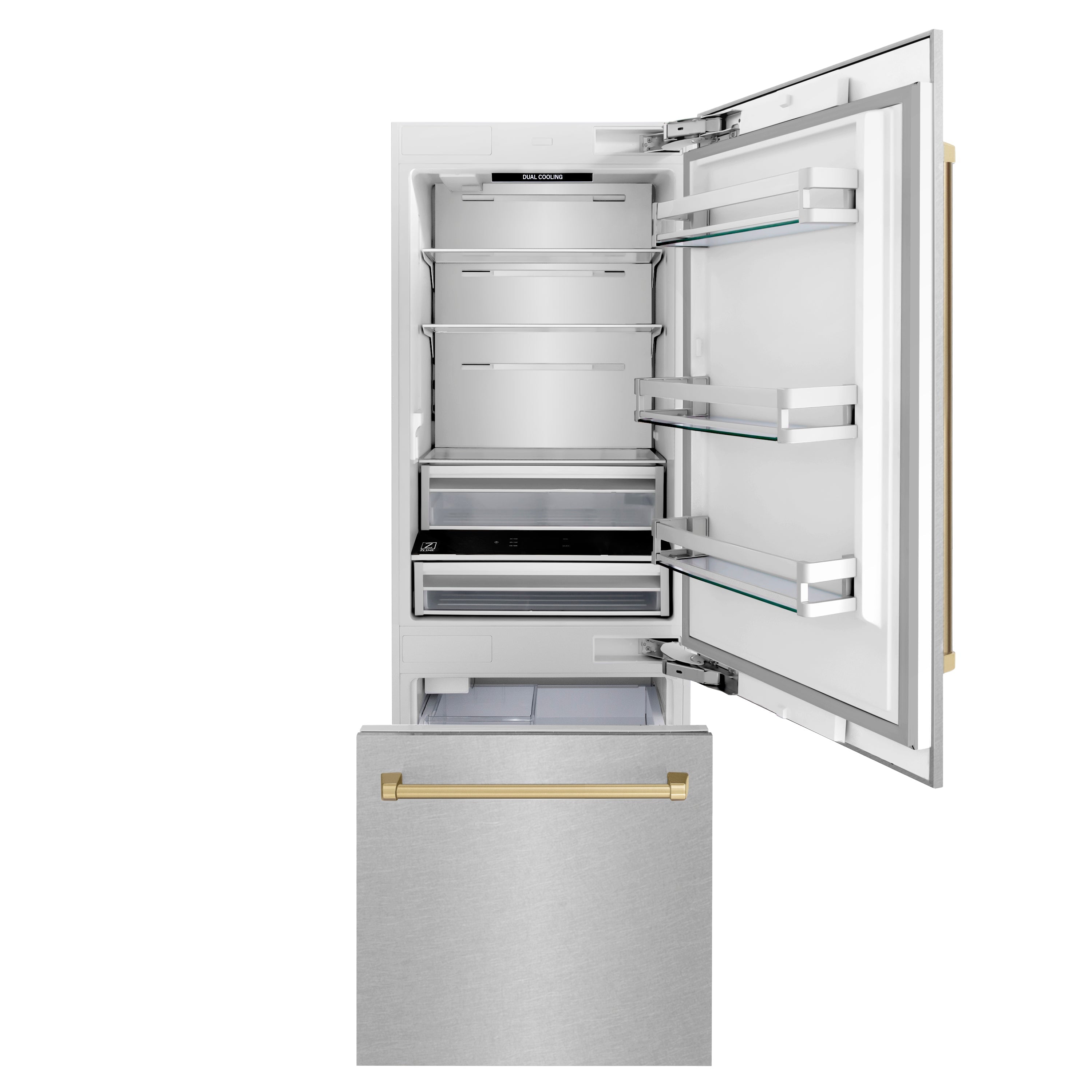 ZLINE 30-Inch Built-In Bottom Freezer Refrigerator 16.1 Cu. Ft. Water Dispenser Ice Maker Satin Stainless Steel Champagne Bronze Accents (RBIVZ-SN-30-CB)