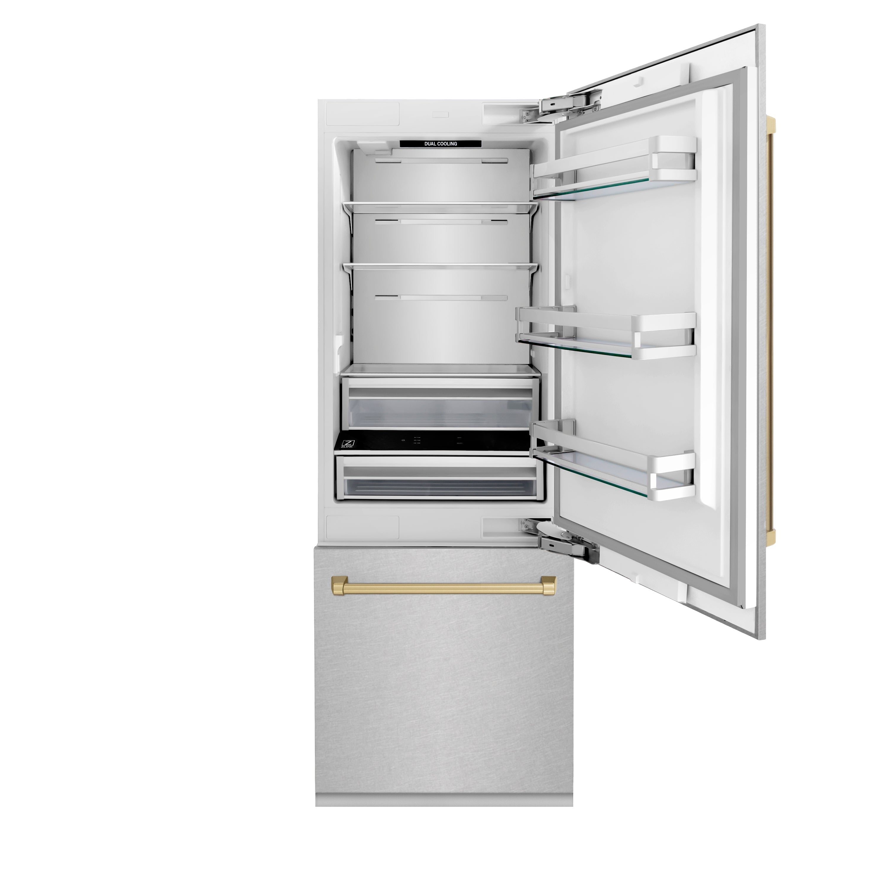 ZLINE 30-Inch Built-In Bottom Freezer Refrigerator 16.1 Cu. Ft. Water Dispenser Ice Maker Satin Stainless Steel Champagne Bronze Accents (RBIVZ-SN-30-CB)