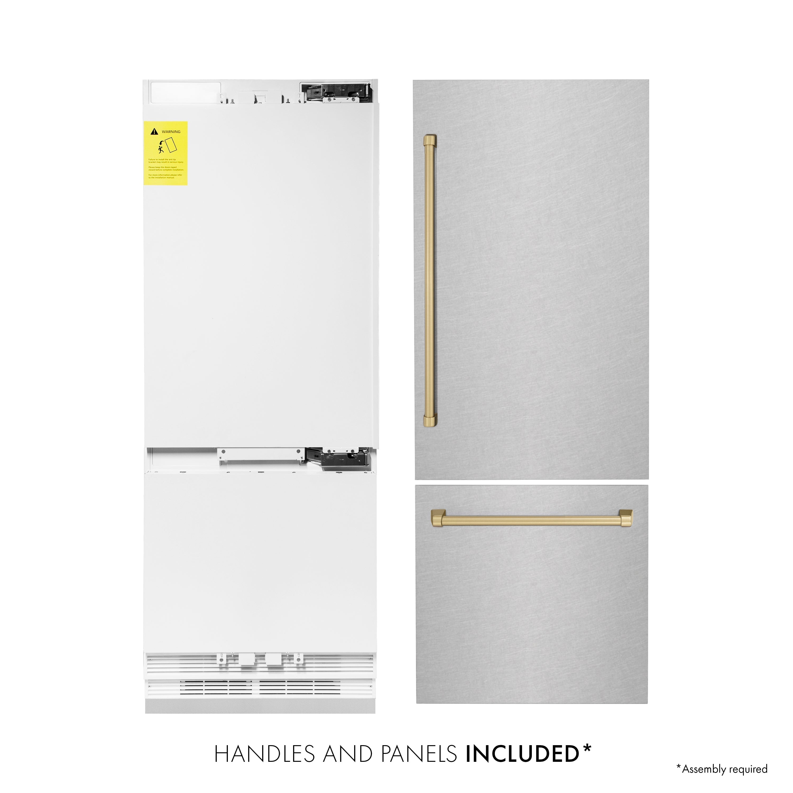 ZLINE 30-Inch Built-In Bottom Freezer Refrigerator 16.1 Cu. Ft. Water Dispenser Ice Maker Satin Stainless Steel Champagne Bronze Accents (RBIVZ-SN-30-CB)