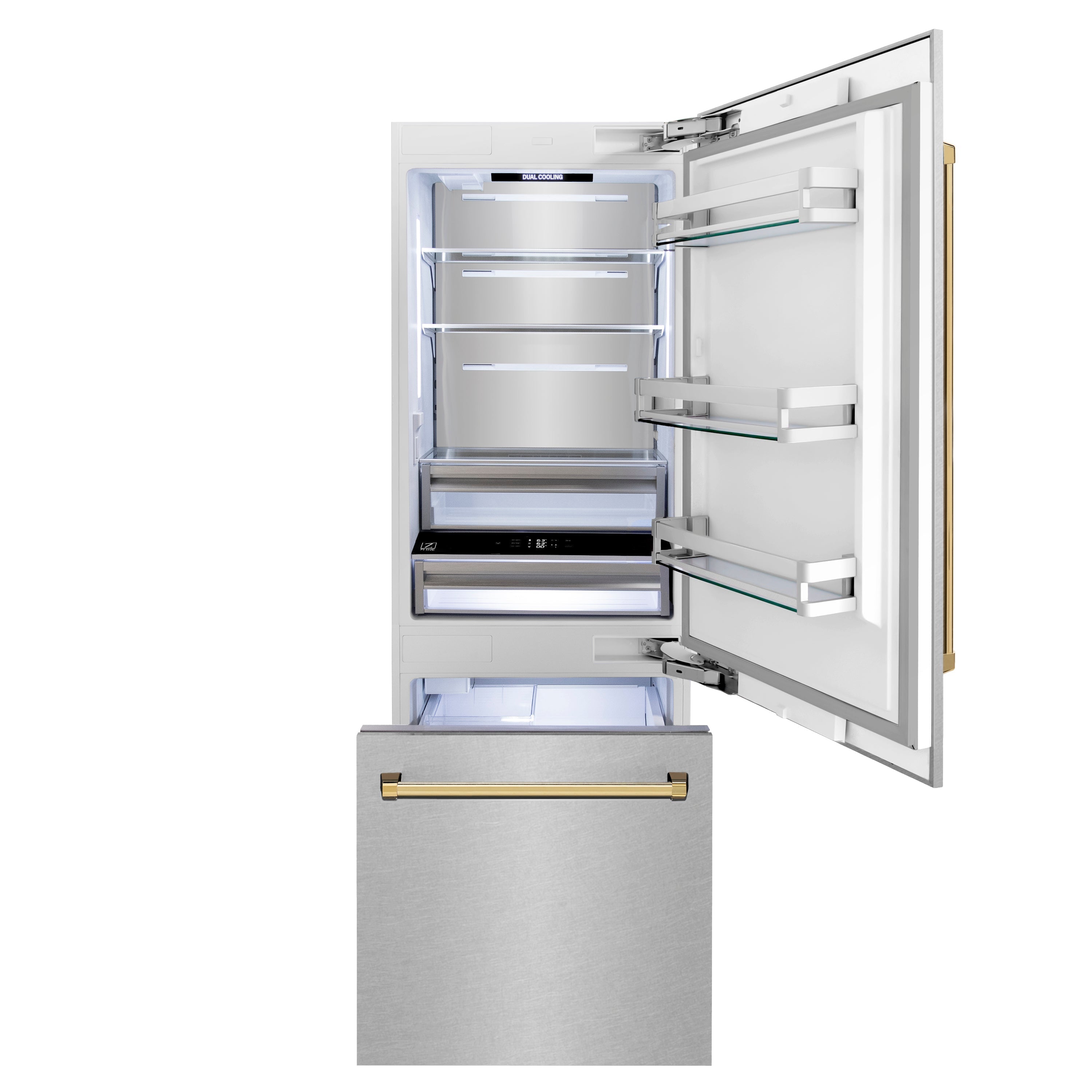 ZLINE 30 in. Built-In Bottom Freezer Refrigerator 16.1 cu. ft. Water Dispenser Ice Maker Satin Stainless Steel Polished Gold Accents (RBIVZ-SN-30-G)