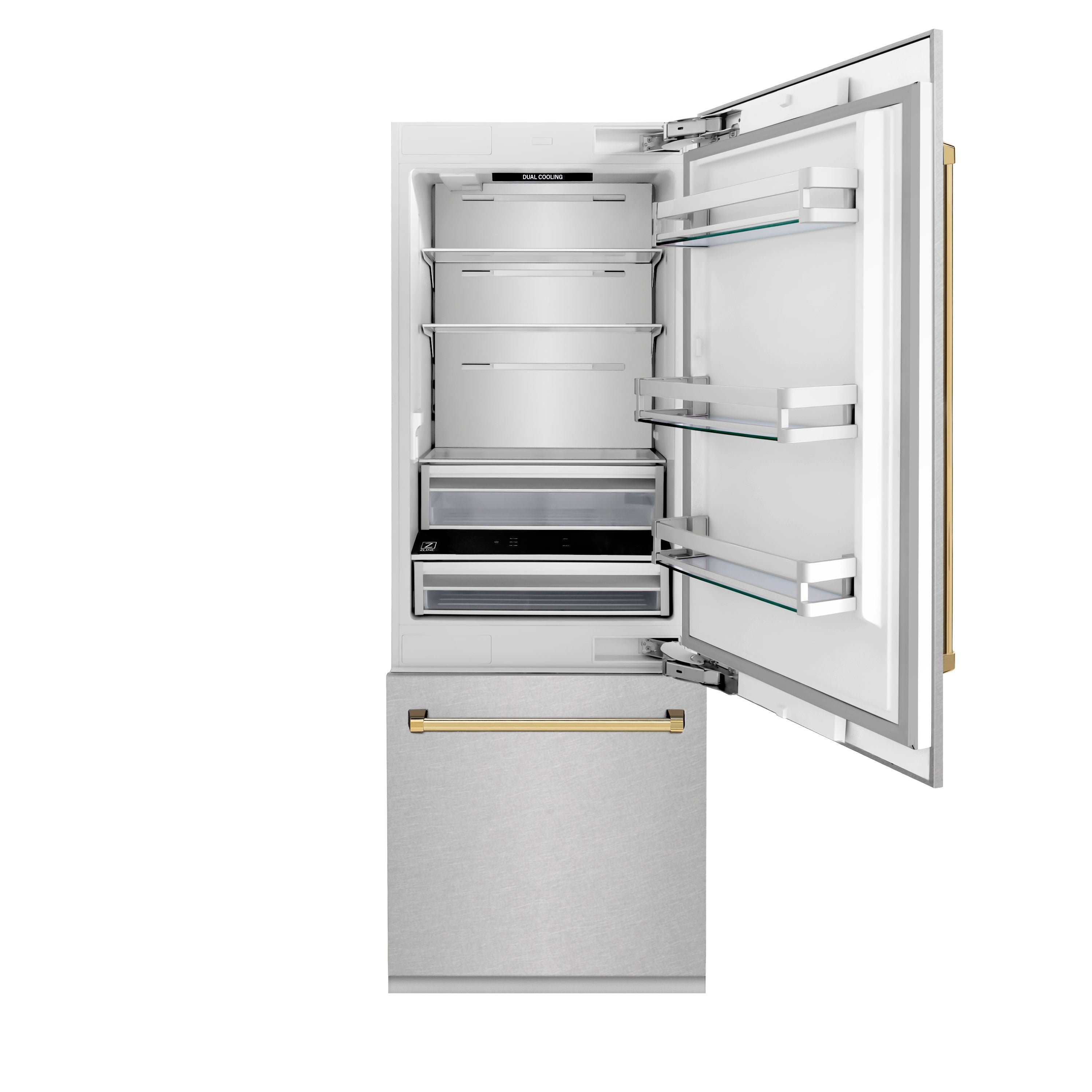 ZLINE 30 in. Built-In Bottom Freezer Refrigerator 16.1 cu. ft. Water Dispenser Ice Maker Satin Stainless Steel Polished Gold Accents (RBIVZ-SN-30-G)