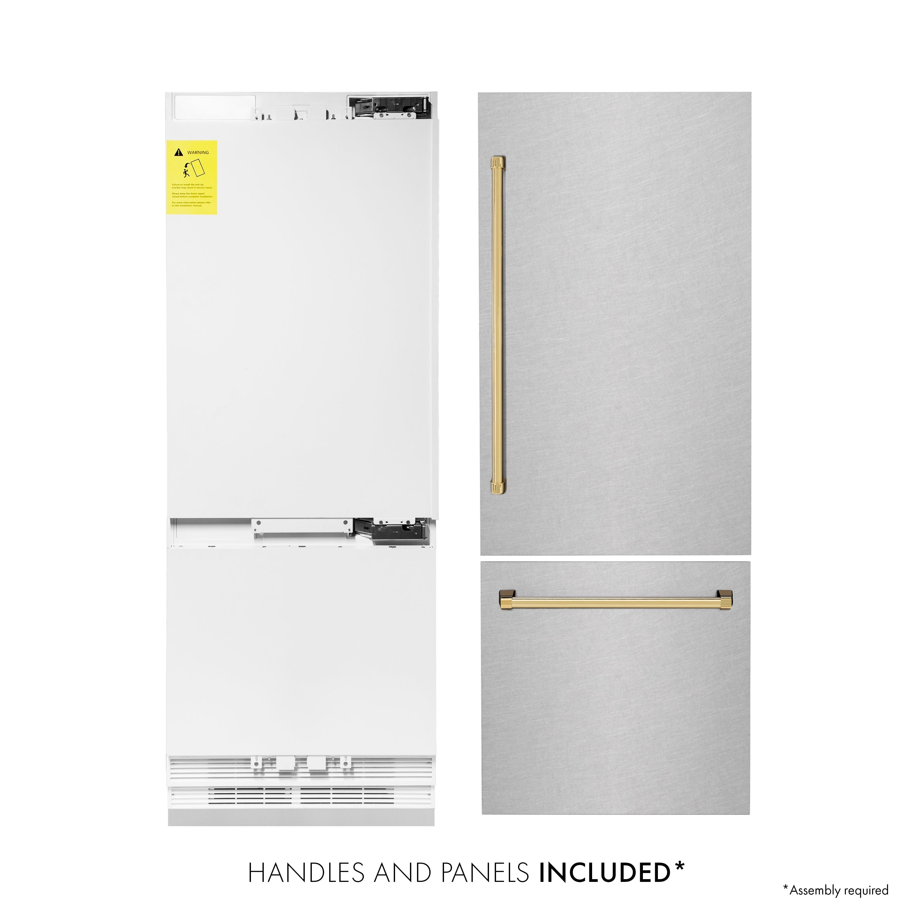 ZLINE 30 in. Built-In Bottom Freezer Refrigerator 16.1 cu. ft. Water Dispenser Ice Maker Satin Stainless Steel Polished Gold Accents (RBIVZ-SN-30-G)