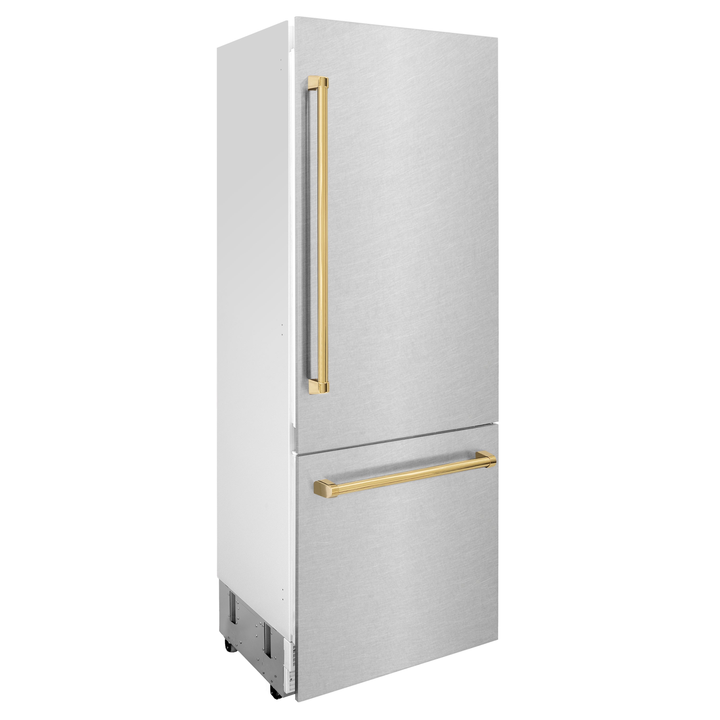 ZLINE 30 in. Built-In Bottom Freezer Refrigerator 16.1 cu. ft. Water Dispenser Ice Maker Satin Stainless Steel Polished Gold Accents (RBIVZ-SN-30-G)