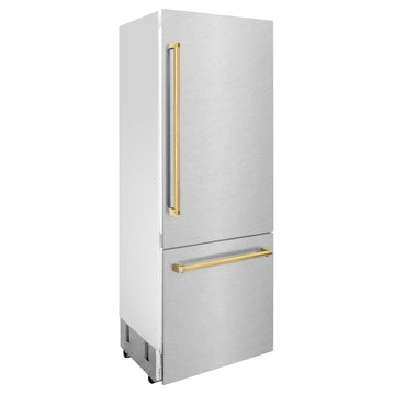 ZLINE 30 in. Built-In Bottom Freezer Refrigerator 16.1 cu. ft. Water Dispenser Ice Maker Satin Stainless Steel Polished Gold Accents (RBIVZ-SN-30-G)