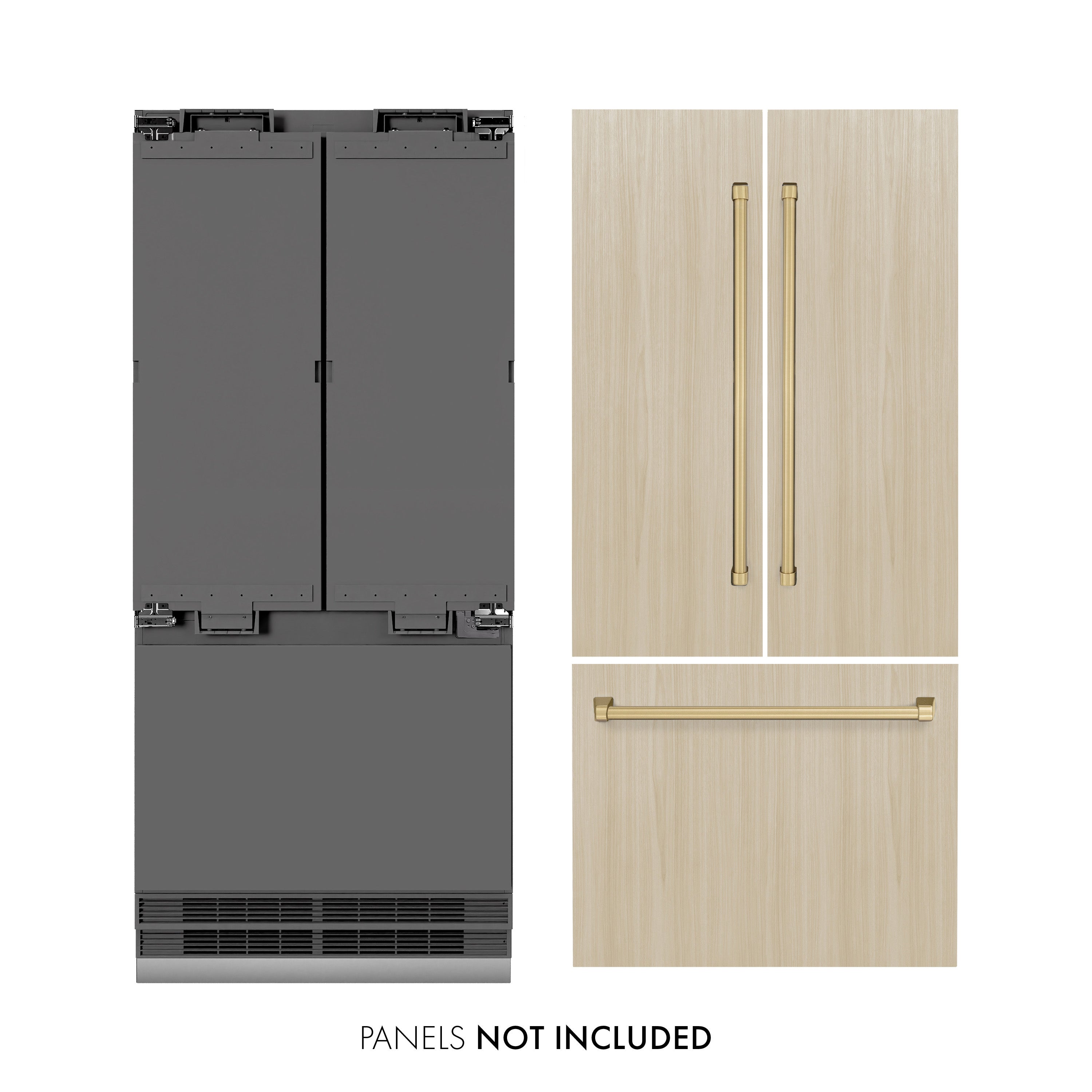 ZLINE 36 in. Panel Ready Built-In French Door Bottom Freezer Refrigerator 19.6 cu. ft. Water Dispenser Ice Maker Graphite Gray Interior Champagne Bronze Accents (GRBIVZ-36-CB)